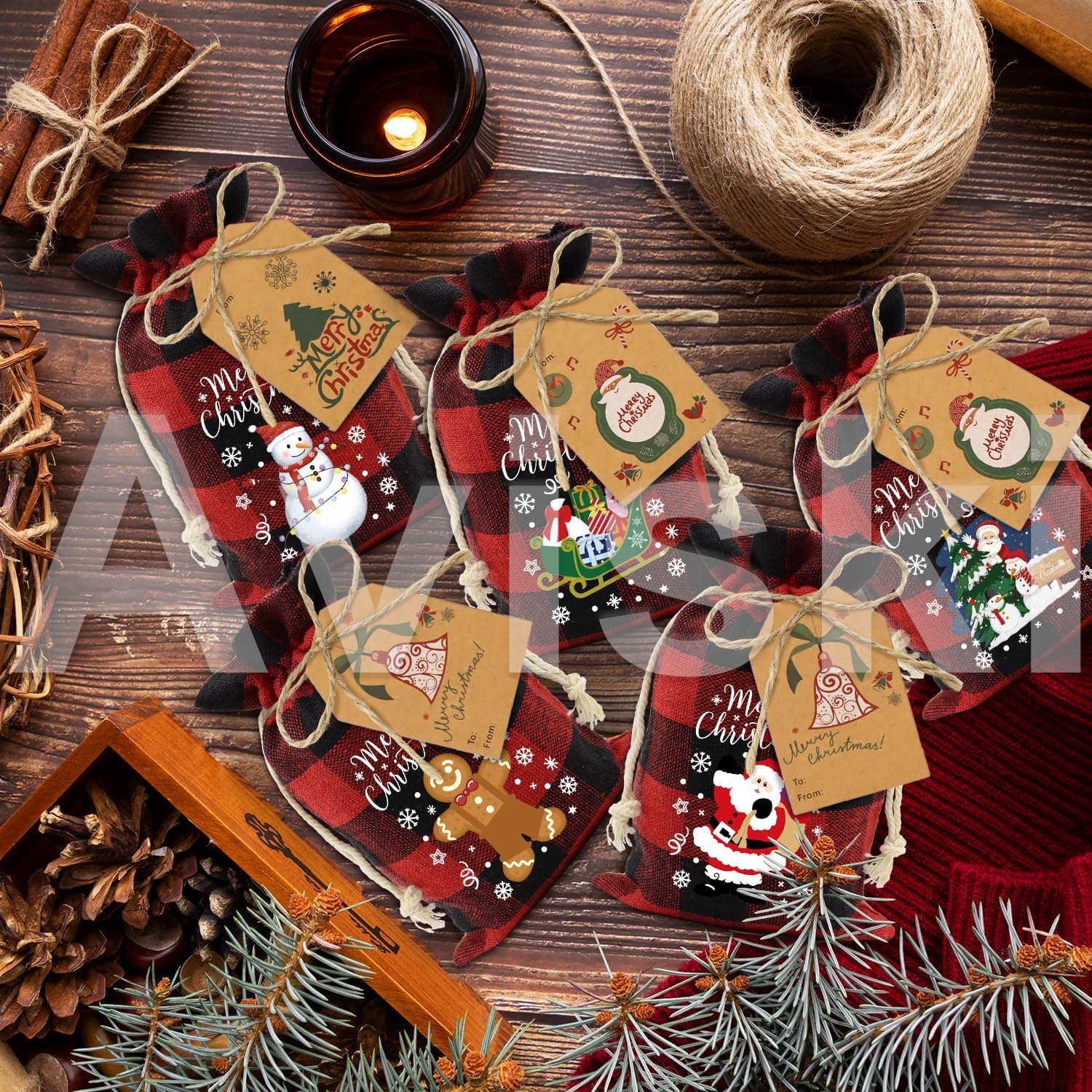 Aviski 120PCS Cotton Small Christmas Drawstring Candy Treat Bags Buffalo Plaid Xmas Xmas Christmas Fabric Goody Gift Sacks Reusable Gift Wrapping Bags Holiday Party Favors - Red/Black