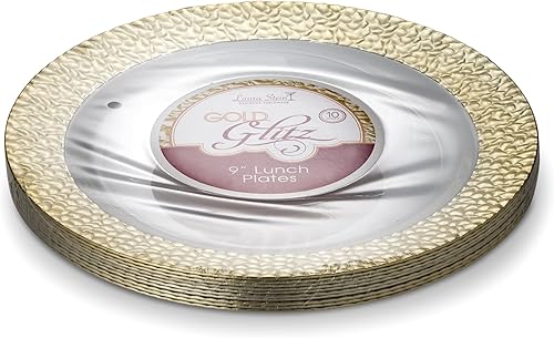 Miniatura 2 de 16 platos de 9 pulgadas Laura Stein Designer Vajilla de plástico pesado de alta calidad con borde dorado, plato de fiesta y boda, serie Glitz,