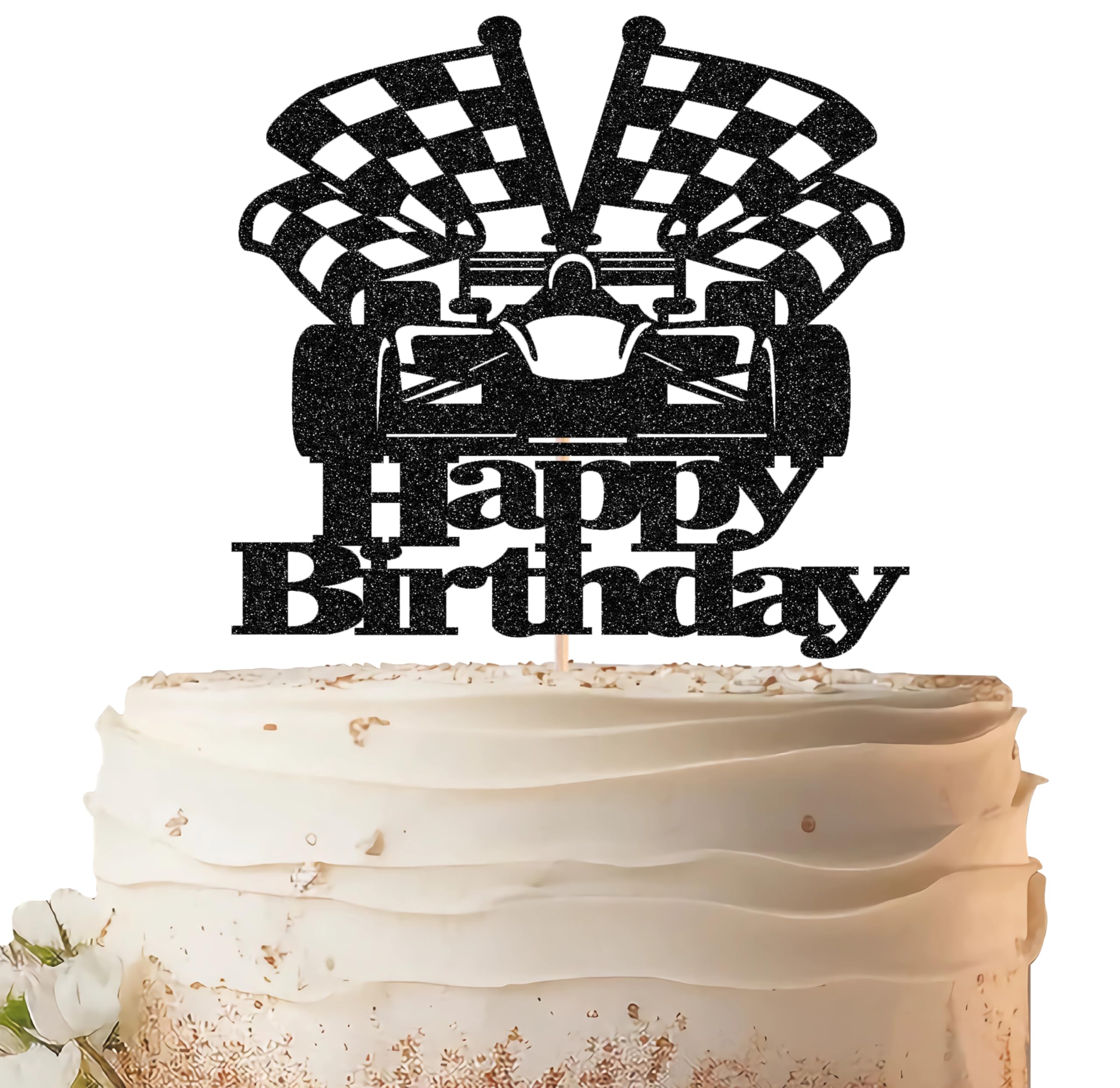 EONNCNT Race Car Birthday Cake Topper - Black Glitter Race Car Theme Birthday Party Cake Decoration Supplies, Racing Car Checkered Flag Anniversary