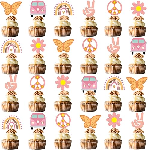 48 piezas de decoración hippie para cupcakes para dos decoraciones de fiesta de cumpleaños geniales, suministros de fiesta boho arcoíris