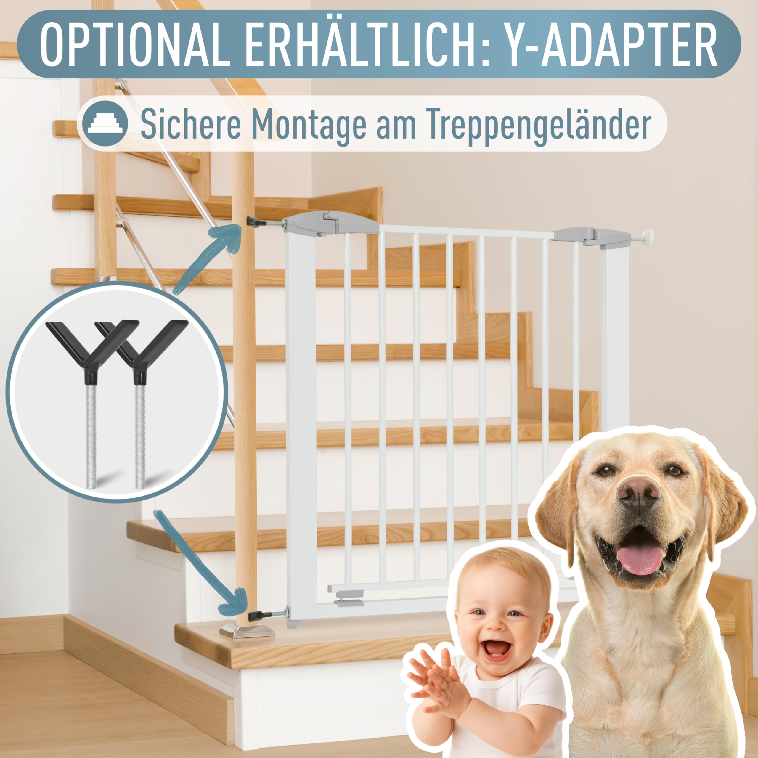 ib style Türschutzgitter Yael für Babys 73,5-81,5 cm - Ohne Bohren, Treppenschutzgitter zum Klemmen, Stabiles Schutzgitter, Hundeabsperrgitter, Sicherheitsgitter für Kinder, Metall, Weiß