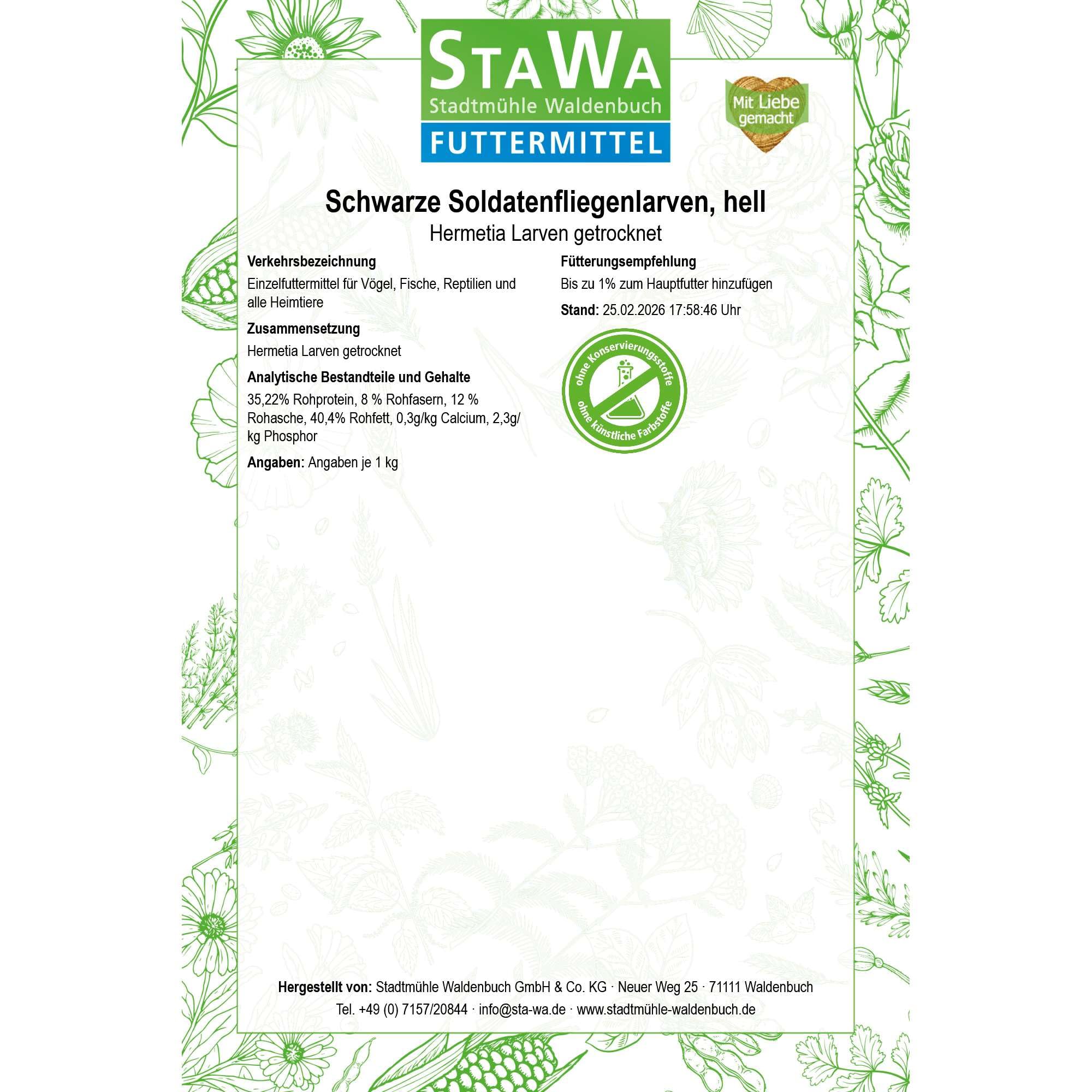 Schwarze Soldatenfliegenlarven, hell - Hermetia Larven getrocknet, 10 kg