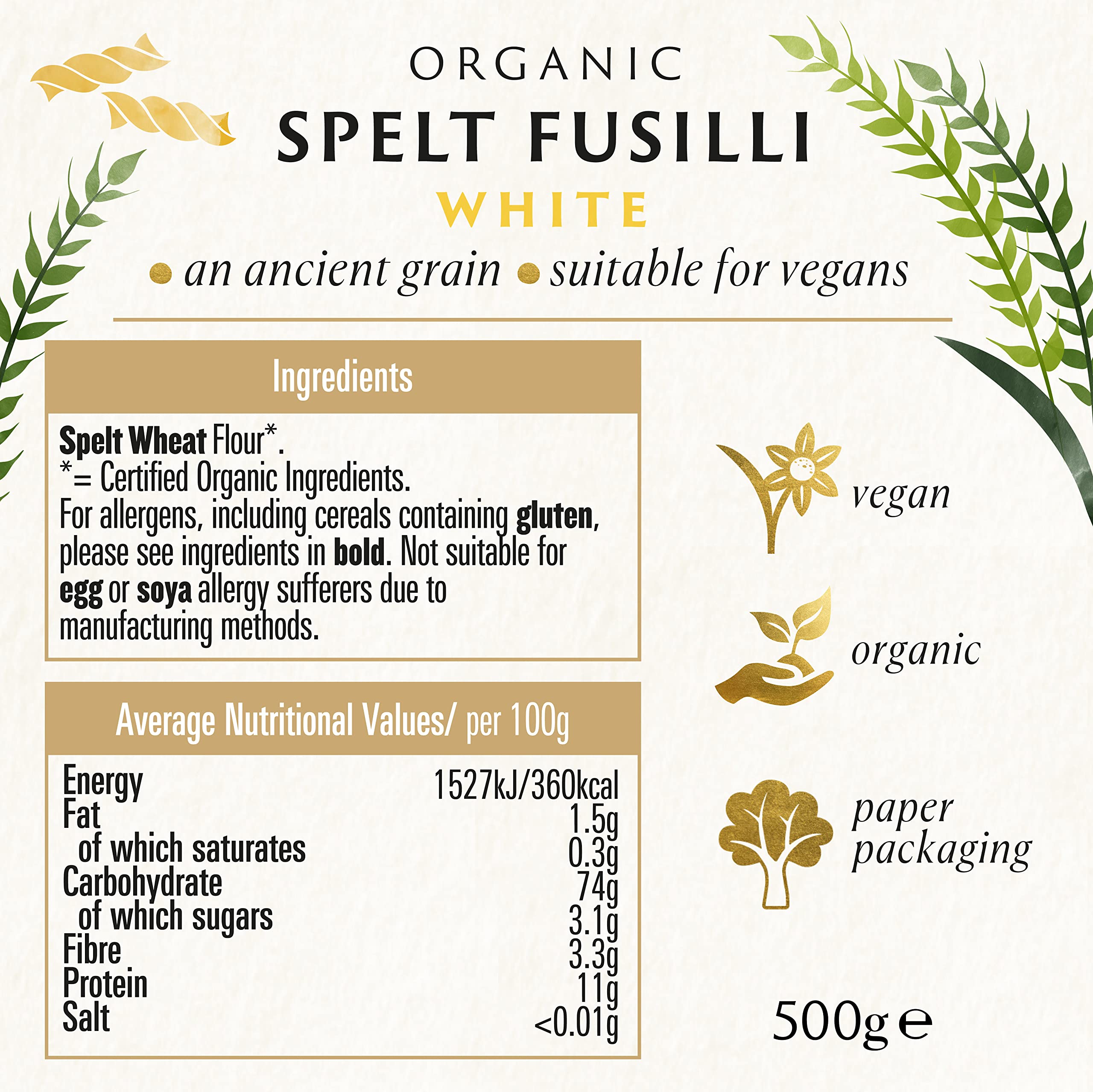 Biona Organic White Spelt Fusilli Pasta 500 g (Pack of 10)