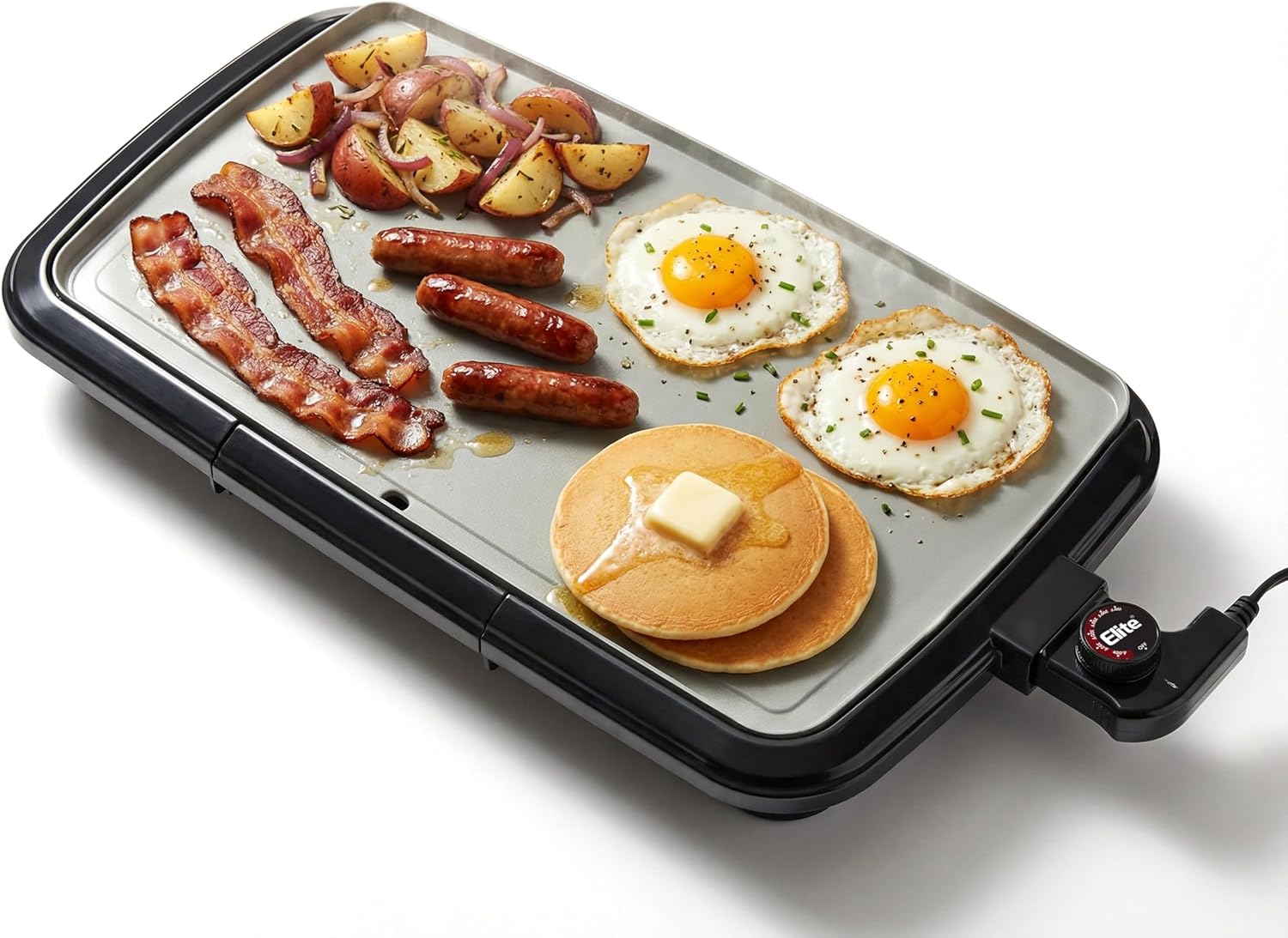 Elite Gourmet 10" x 20", Electric Griddle, Large PFAS-Free Ceralast™ Ceramic Non-Stick Surface Cool-touch Handles, Removable/Adjustable Thermostat, Easy to Clean Removable Grease Tray, Black/Grey