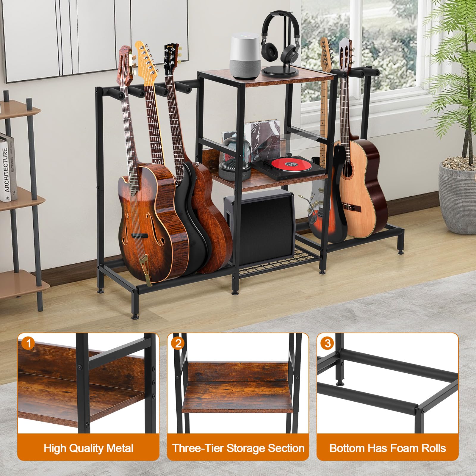 Nisorpa Gitarrenständer mit Ablagefach, Holz, Multi-Gitarrenständer für Akustik-Bass, E-Gitarre, 28 x 128 x 73 cm, Schwarz und Kaffeebraun