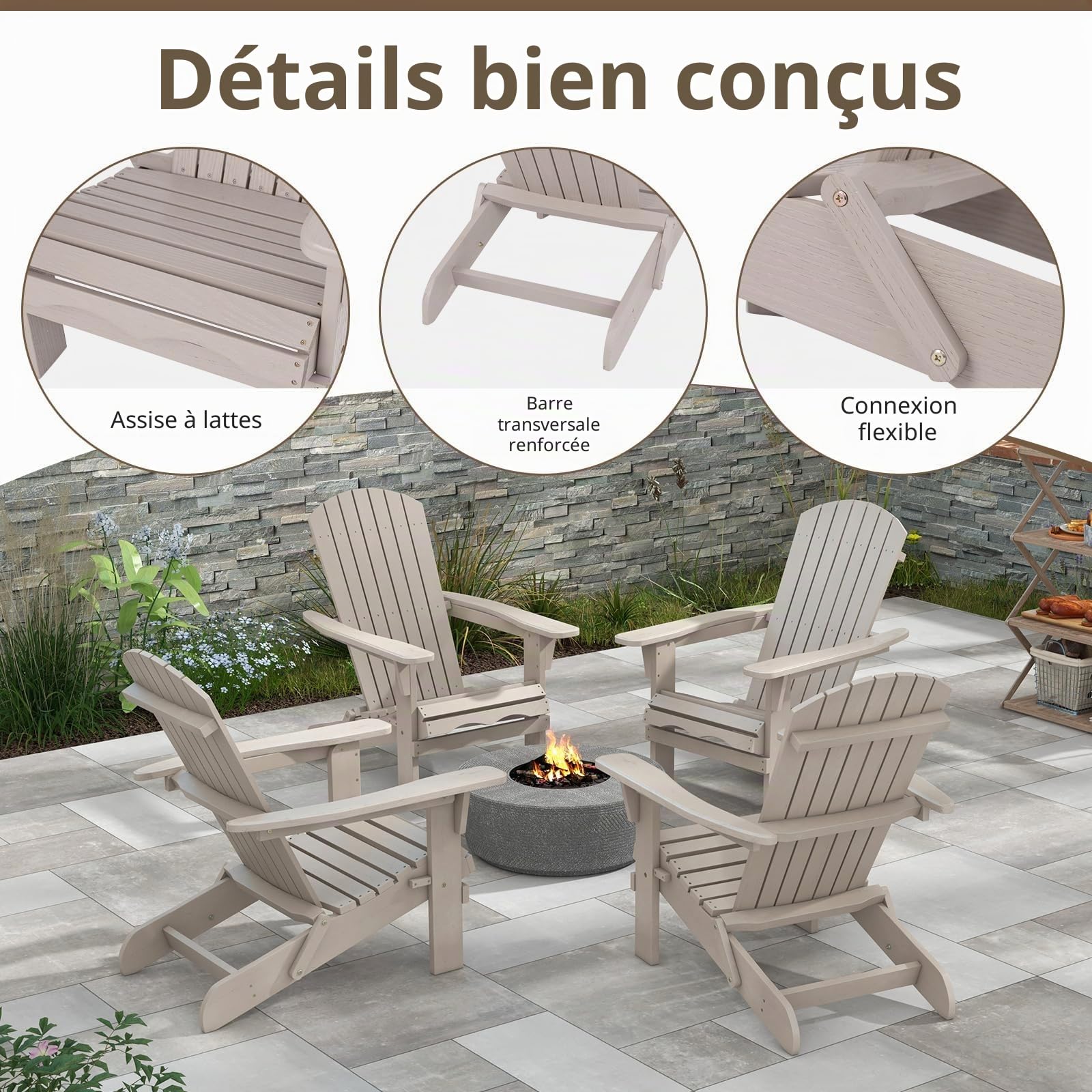 FANTASK Adirondack Lot de 2 chaises de Jardin avec Dossier Haut et accoudoirs Larges, 51 x 46 cm, Gris