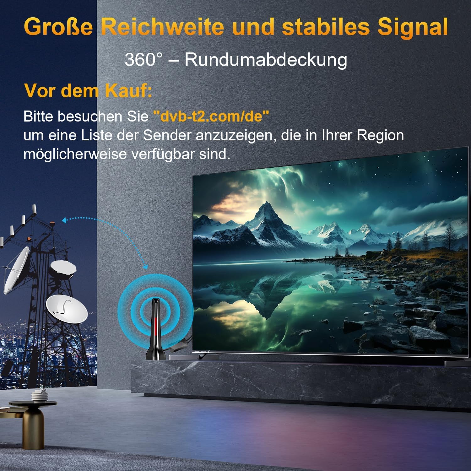 Dvbt2 antenne mit verstärker innen, Dvbt antenne, Dvb-t2 Zimmerantenne für Fernseher, 360° Allroundempfang, 4K HD lokaler Sender, Magnetfuß 3m Kabel (Rot)