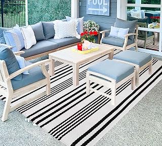 BUAGETUP Black and White Outdoor Patio Rug 4' x 6',Cotton Front Porch Rug