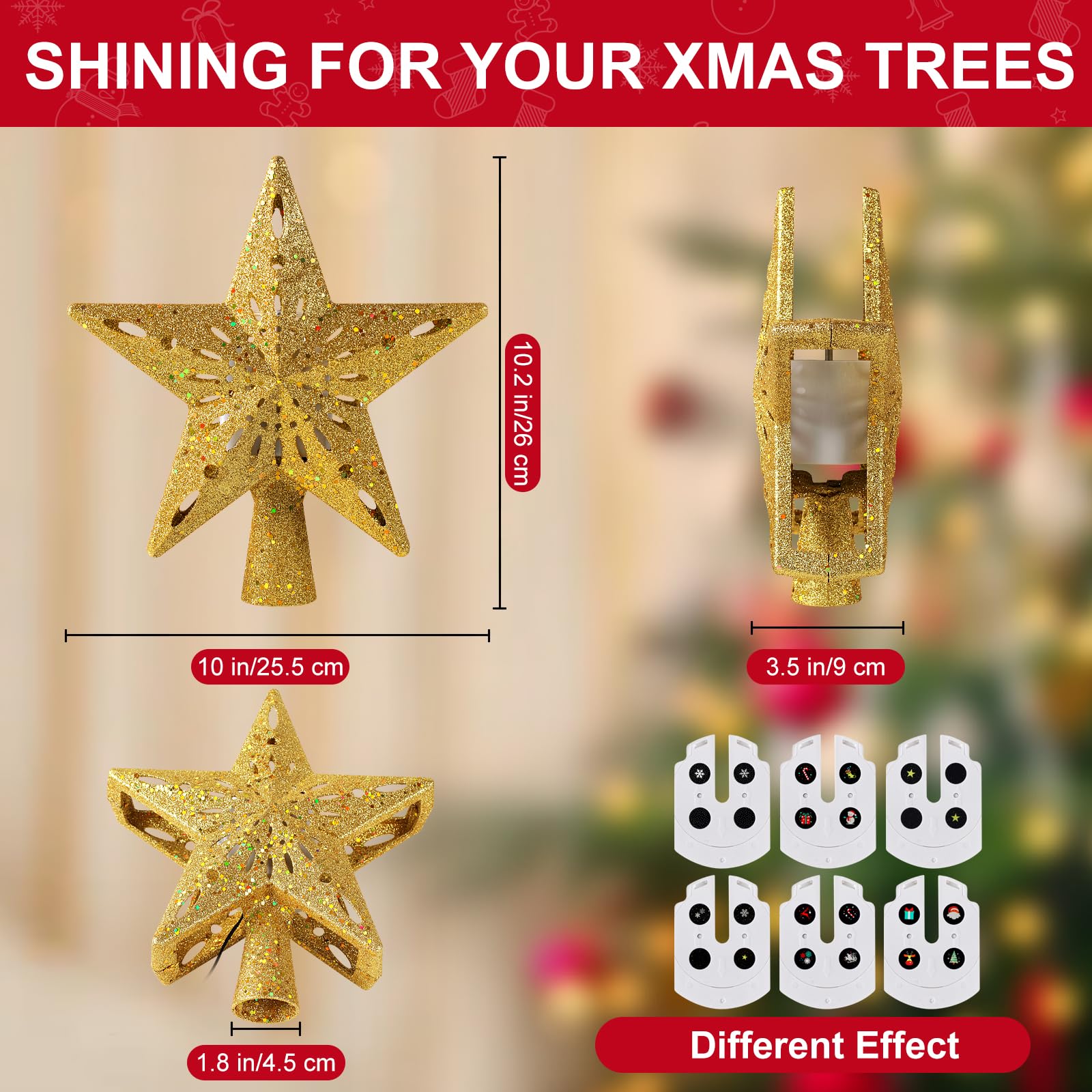 La Parte Superior del árbol de Navidad Estrella Luminosa con proyector de Copos de Nieve en 3D Luces Doradas centelleantes 2 en 1 Luces LED para decoración