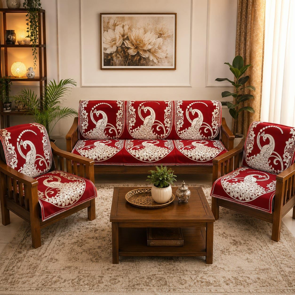 5 seater sofa cover set (3+1+1) | premium peacock design | quilted cotton blend furniture protector | washable anti-slip sofa cover | soft & durable living room slipcover | maroon