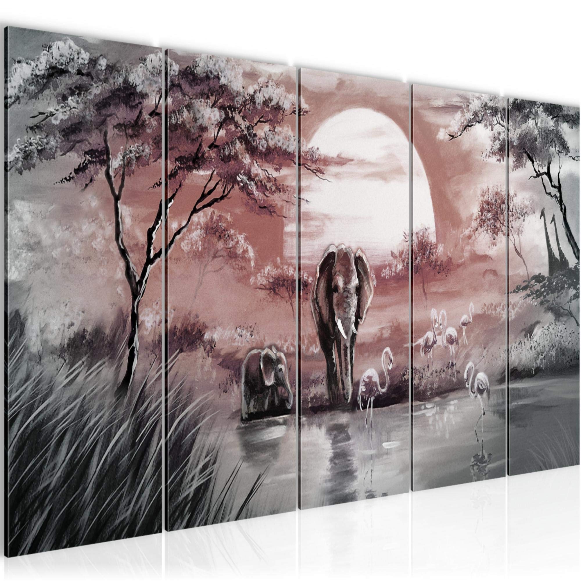 Runa Art Murali XXL Africa Elefante 200 x 80 cm Rosa Grigio 5 Pezzi - Made in Germany - 001155c