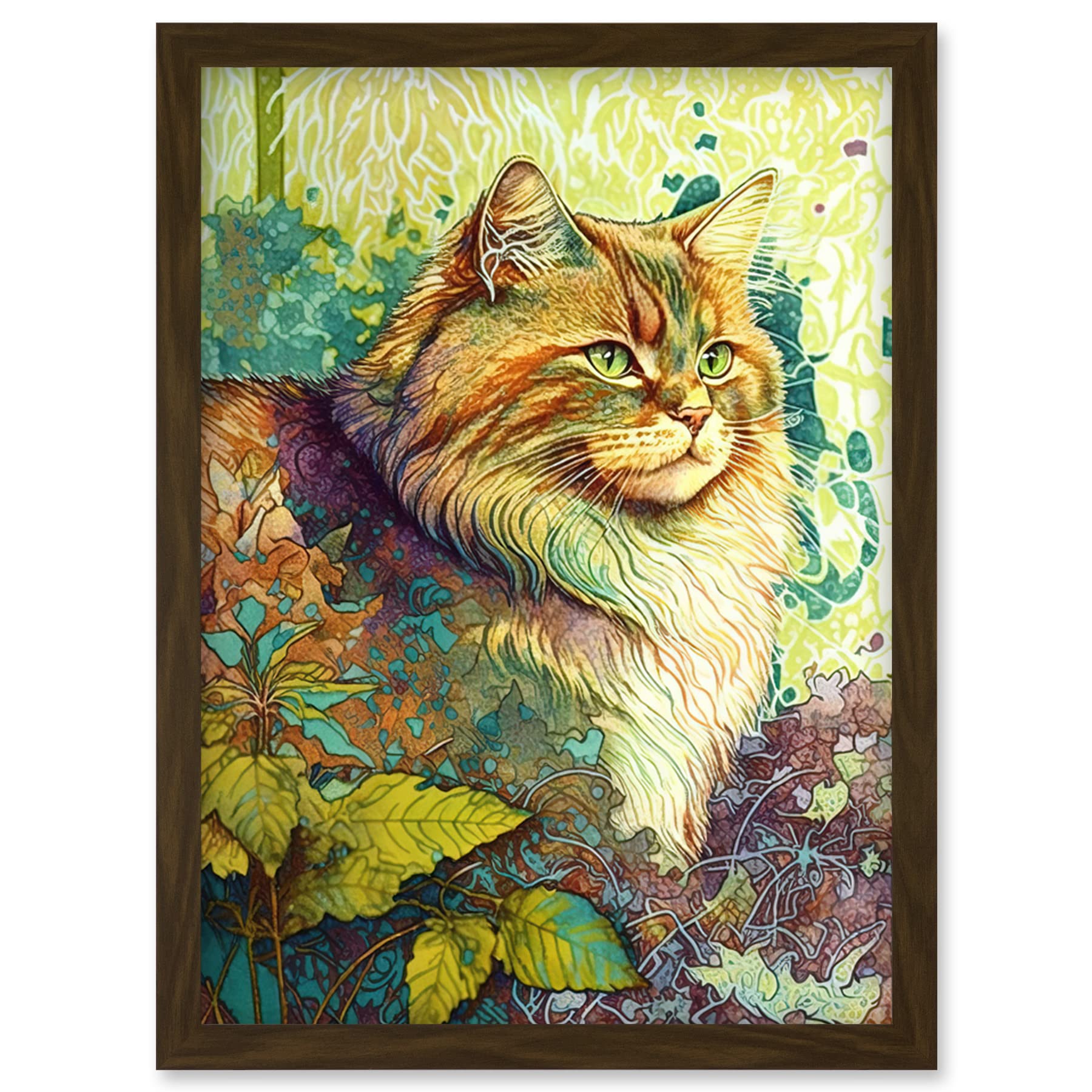 Artery8 Siberian Cat in Nature Vibrant Colourful Modern Portrait Illustration Artwork Framed Wall Art Print A4