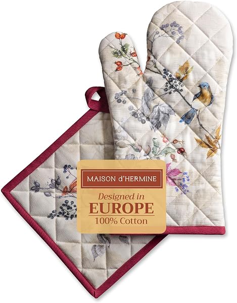 Maison d' Hermine Equinoxe Beige 100% Cotton Oven Glove (19 cm x 33 cm) and Pot Holders (20 cm x 20 cm) – for Barbecue, Baking, Microwave, Grill, Thanksgiving / Christmas - 1