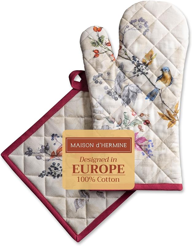Maison d' Hermine Equinoxe Beige 100% Cotton Oven Glove (19 cm x 33 cm) and Pot Holders (20 cm x 20 cm) – for Barbecue, Baking, Microwave, Grill, Thanksgiving / Christmas