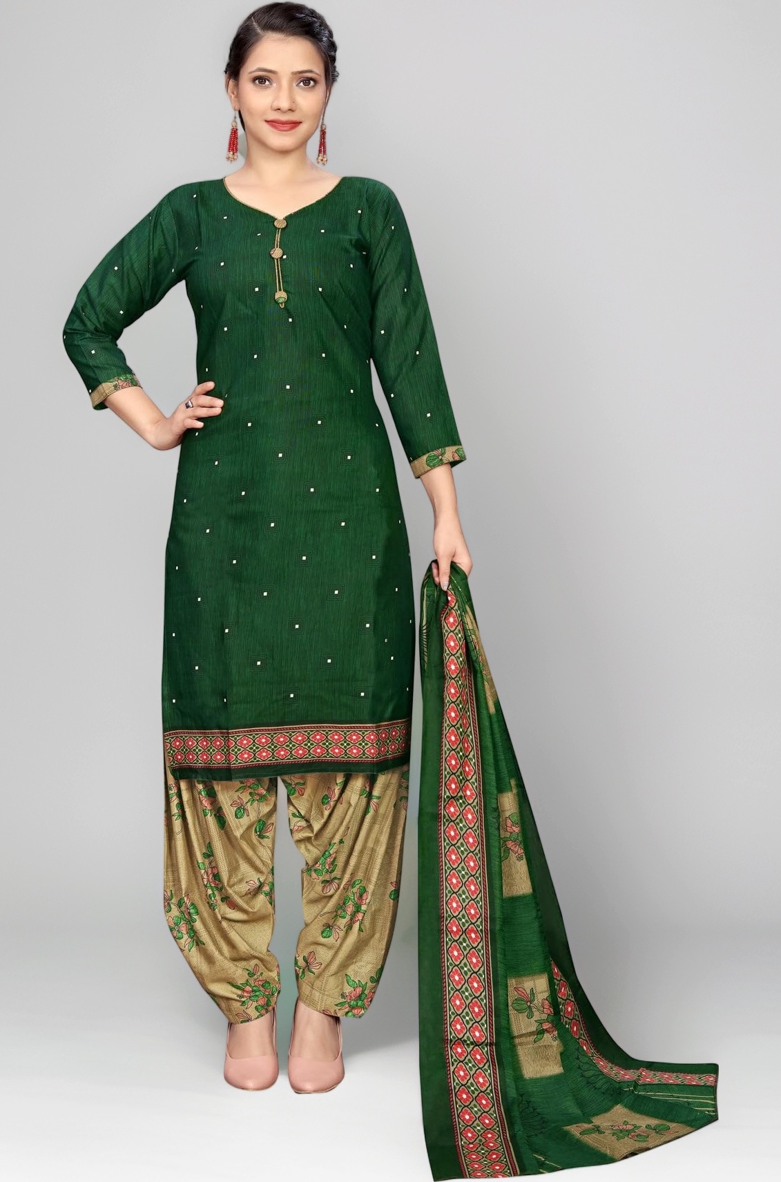 Women Green Cotton Printed Ready To Wear Patiala Salwar Suit (Readymade_Rw4147-P)