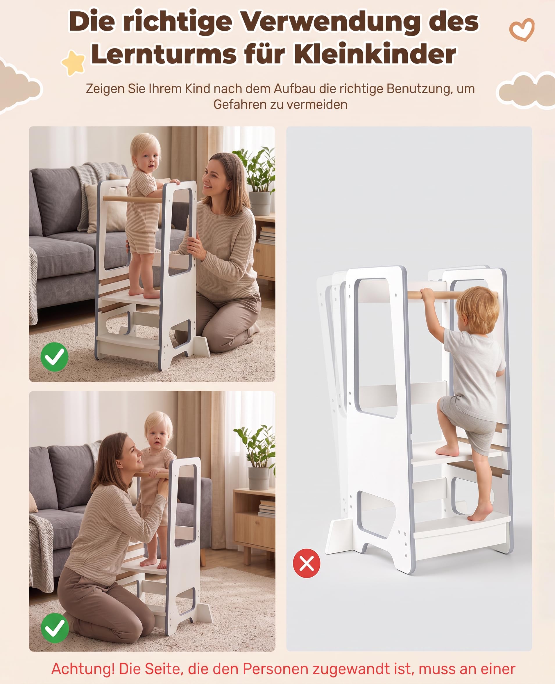 Lernturm ab 1 Jahr Höhenverstellbar, 3‑Fach höhenverstellbar Montessori Learning Tower, Massivholz Küchenhelfer mit Kippschutz, bis 50kg belastbar für Küche Bad Kinderzimmer (Weiß)