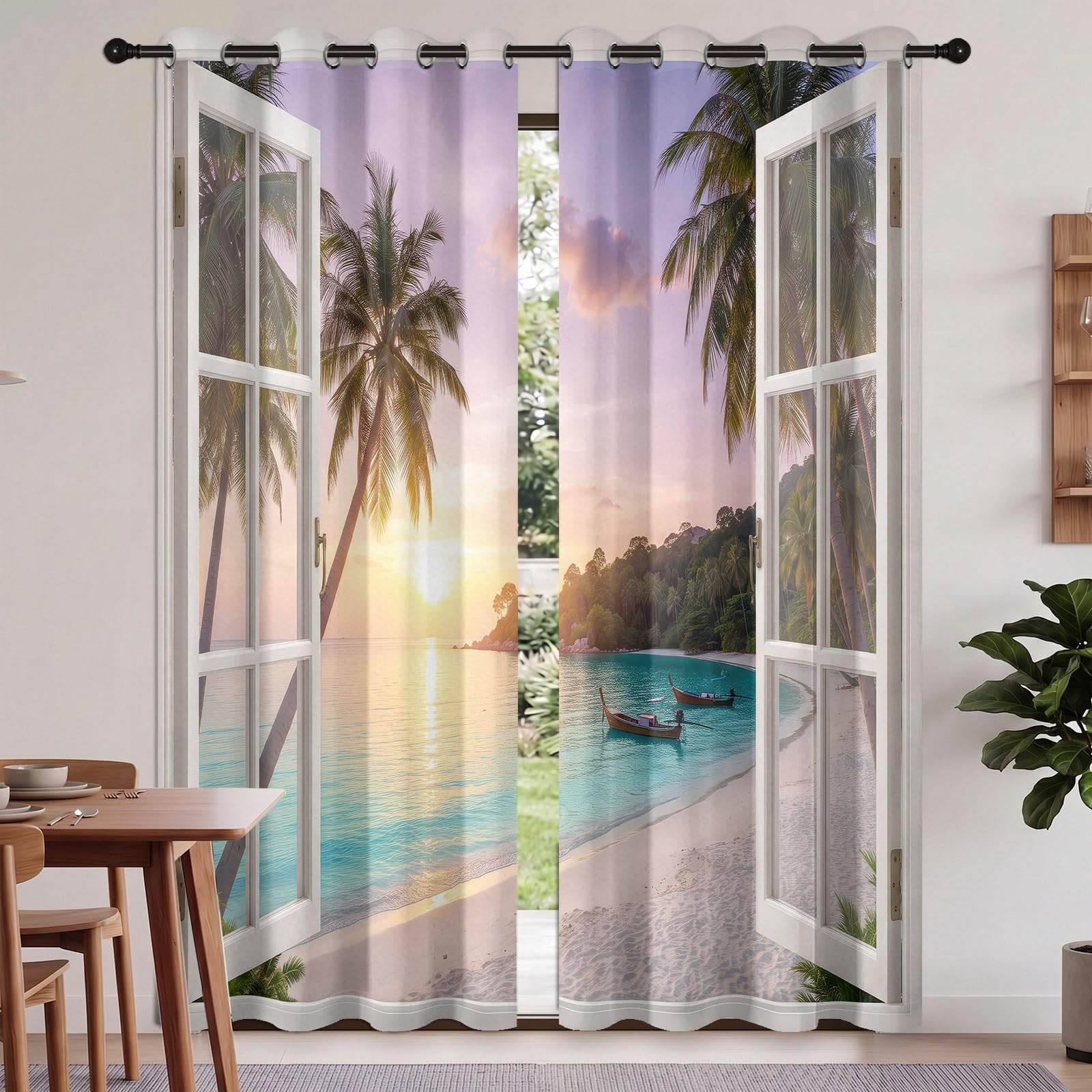 Verdunkelungsvorhänge Naturlandschaft, Französische Fenster Strand Sonne Kokospalmen Boot Vorhänge Ösen für Wohnzimmer, H245 x B100 cm 2 Paneele Blickdicht Thermovorhang Dekor für Schlafzimmer, Bunt