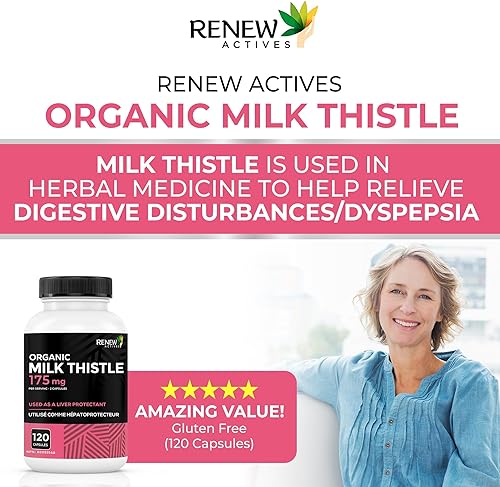 Miniatura 5 de Renew Actives Cápsulas de cardo mariano de 175 mg por porción de extracto orgánico de semillas para la salud del hígado, fórmula concentrada de