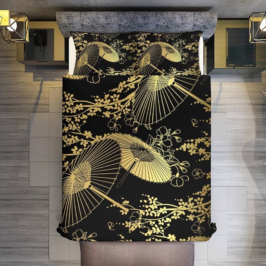 Amazon｜布団カバー 3点セット かわいい 黄色 金色 波柄 和風 和