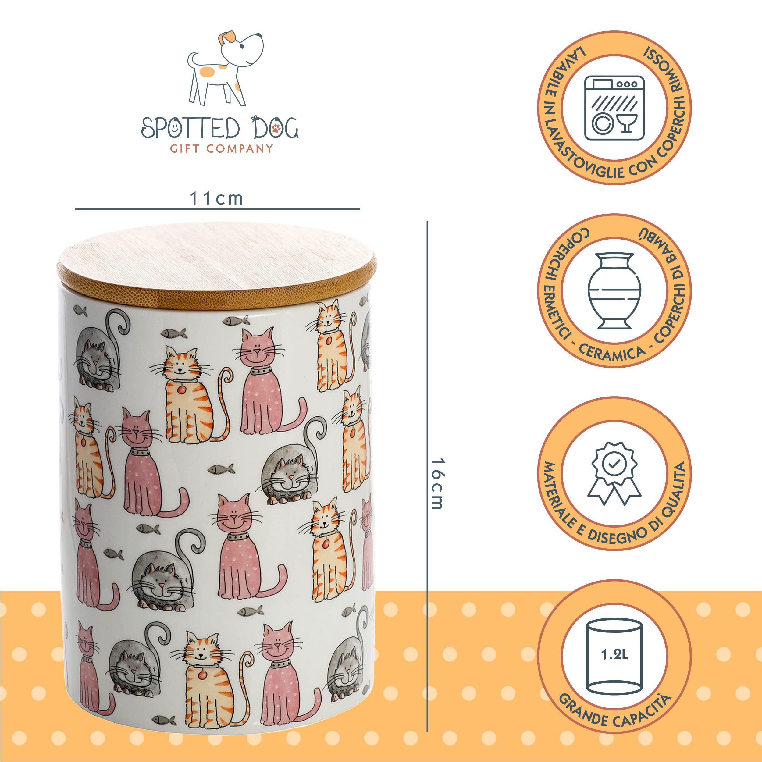 SPOTTED DOG GIFT COMPANY - set di 3 barattoli da cucina a tema gatti - per sale, zucchero, caffè - idee regalo - in ceramica con coperchio in legno - bianco - 1,2 L