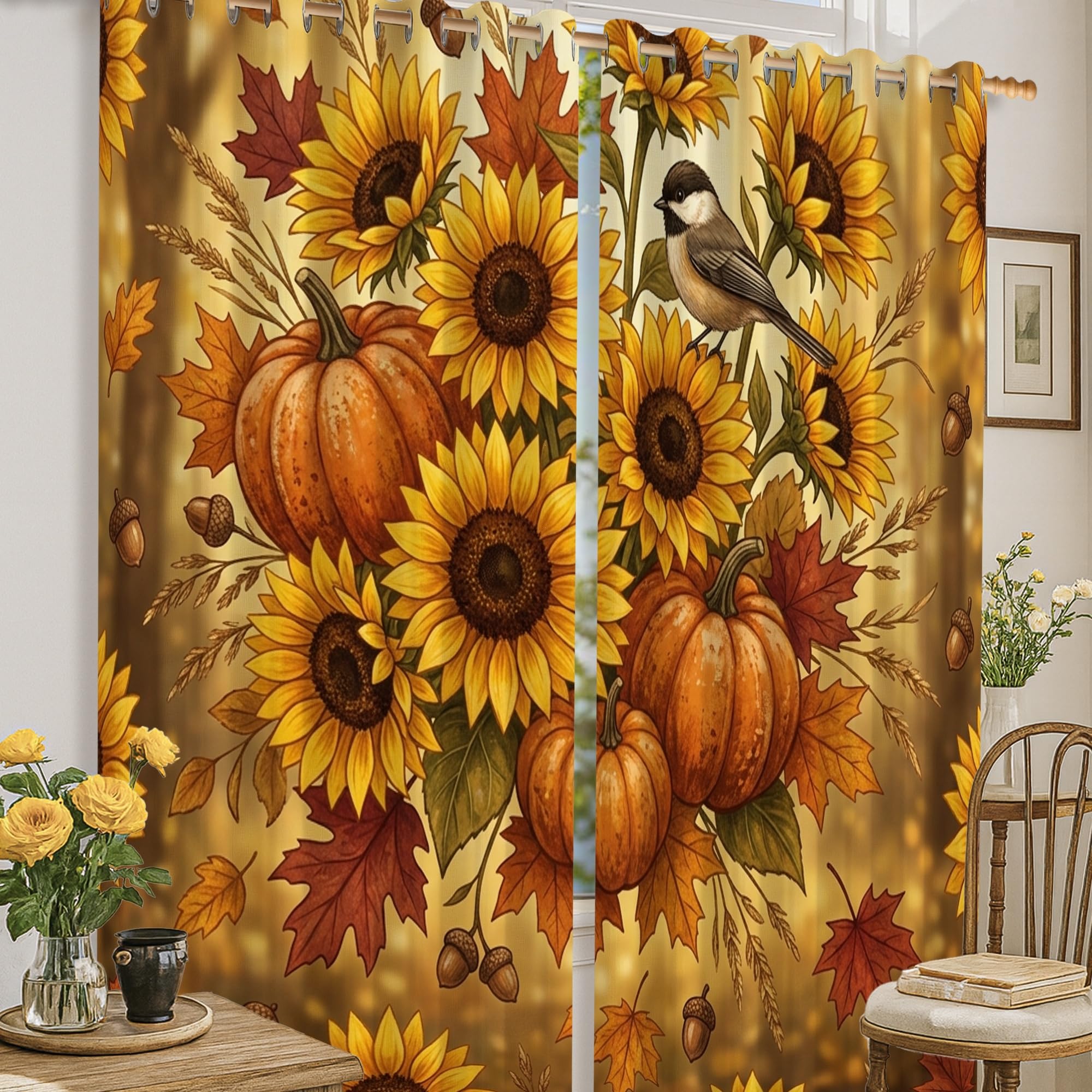 Rideaux occultants lavables motif tournesol et citrouille 160cm