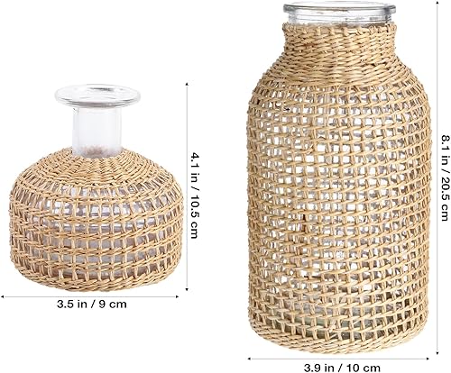 Miniatura 3 de DOITOOL Jarrón de cristal con cubierta de ratán jarrón de flores de granja florero redondo decorativo para arreglos florales decoración del hogar LXS