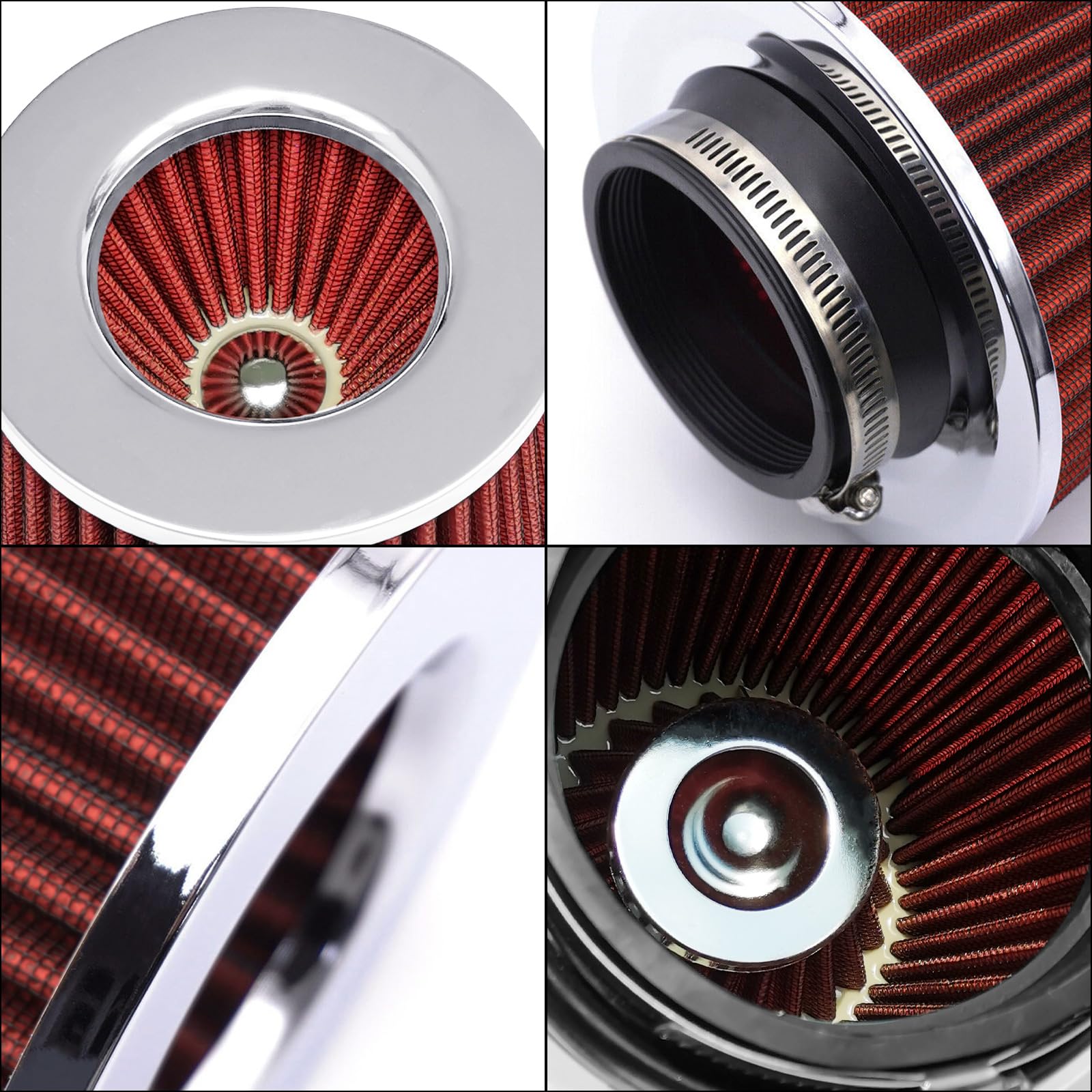 BEBODOFI Universal Clamp-On Air Filter: High Performance: 3 in/3.5 in/4 in (102 mm/89 mm/76 mm) Flange ID; 10.2 in (260 mm) Height; 6.1 in (155 mm) Base; 4.7 in (120 mm) Top, Round Tapered, Red