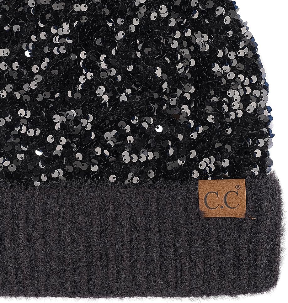 C.C Sequin Pom Beanie for Women - Acrylic Stretchable Soft Warm Knit Winter Skully Hat with Yarn Pom - Image 5