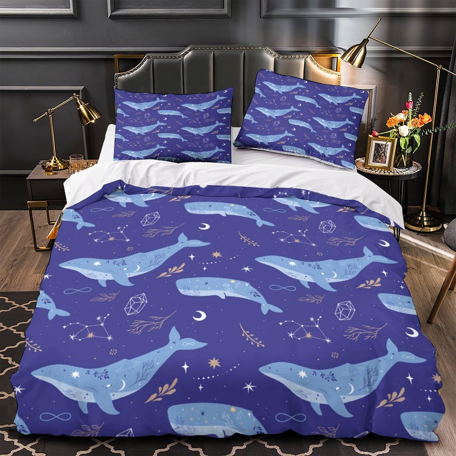 Housse de couette baleine 3D facile à enfiler avec zip pour lit super king 260x220