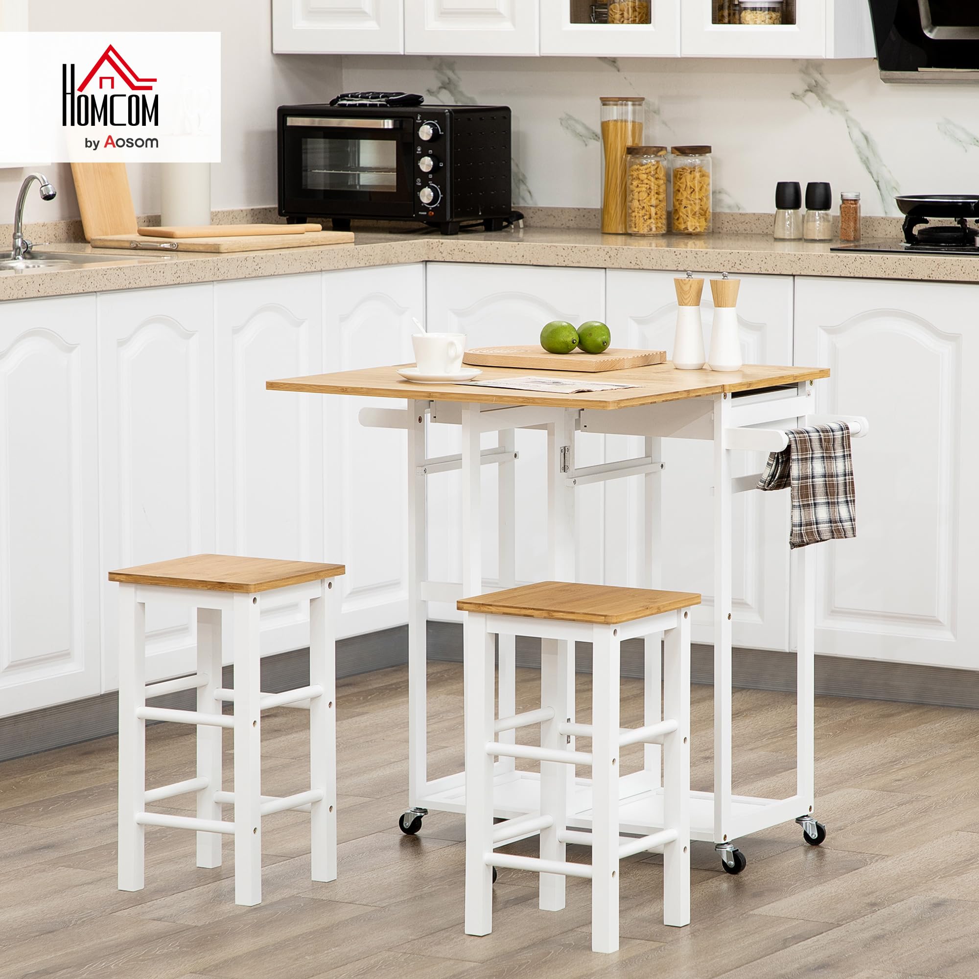 HOMCOM Ensemble Table de Bar Chariot de Cuisine Table de Cuisine Pliante roulettes + 2 tabourets Blanc et Bois Clair - 2 tiroirs et Porte-torchons