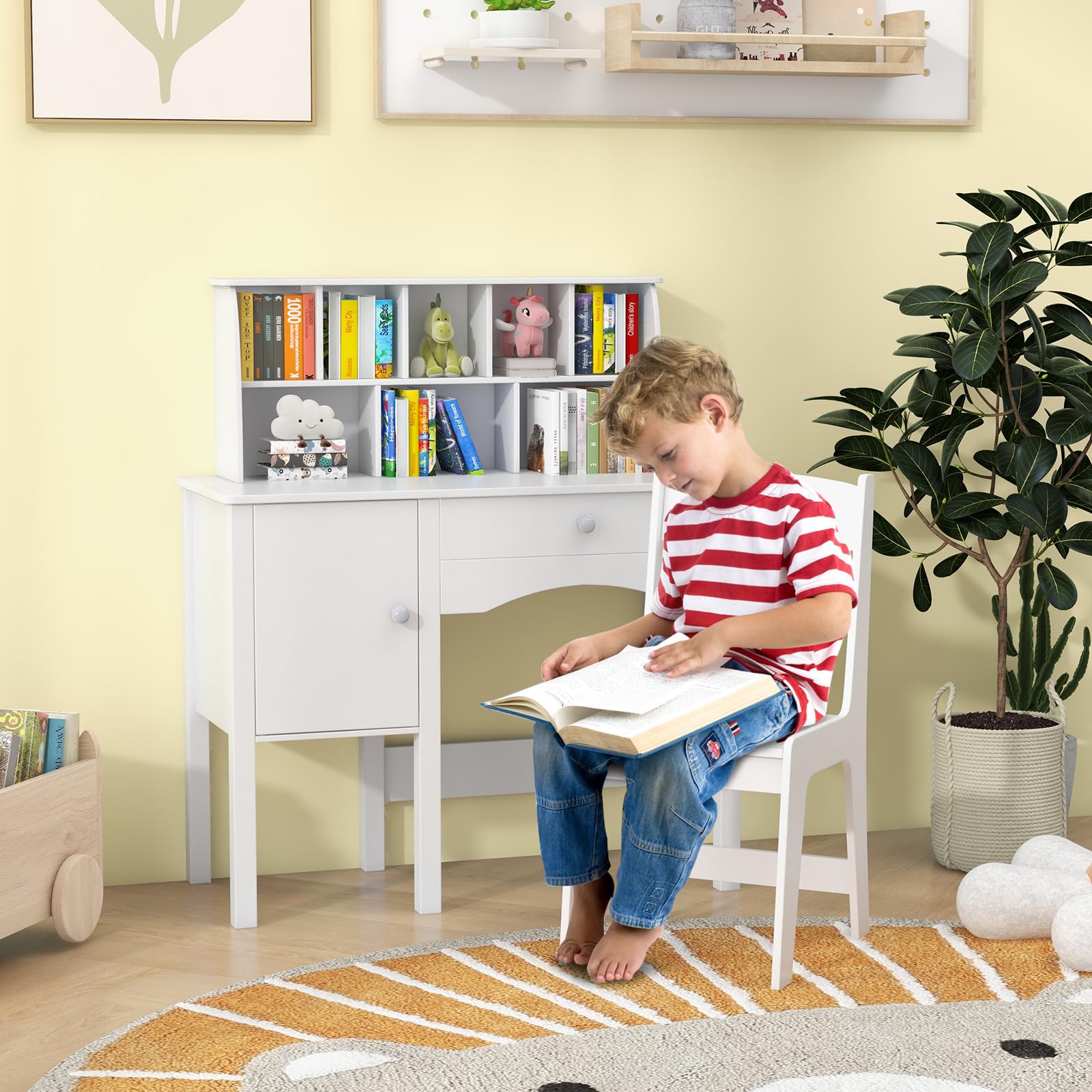 GOPLUS Bureau Garcon Fille, Table Enfant avec Chaise, Clapier 8 Cases, Grande Armoire et Tiroir, Dossier Ergonomique, Bureau Enfant en Bois avec Rangement