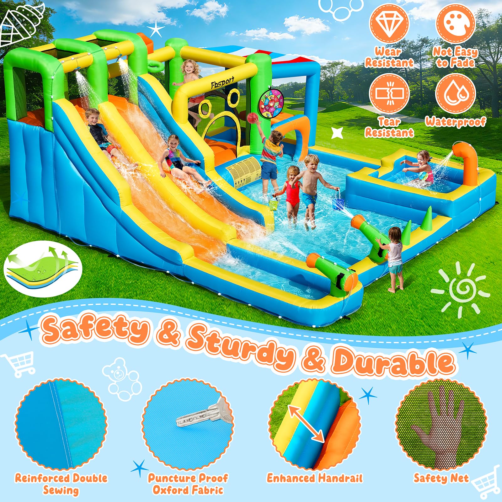 Hüpfburg mit 2 Wasserrutsche und Gebläse, Größe Wasserhüpfburg für Kinder mit Trampolin Wasserbecken Korb Kletterwand, XXL Hüpfburgen Bouncy Castle für Indoor Outdoor, 445x403x200 cm