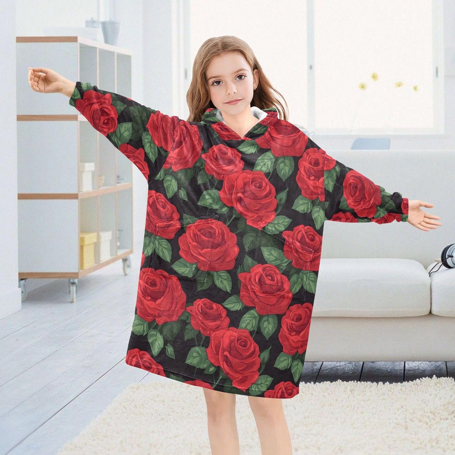Red Rose Flowers Kids Wearable Blanket Hoodie with Pocket and Sleeves for Toddlers, Cute Hoodies Girls Boys B0403667