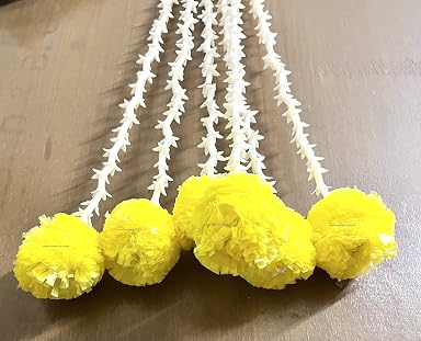 Sphinx artificial rajnigandha buds (tuberose) and fluffy marigold strings for decoration approx. 2.5 ft- (Yellow, 12)
