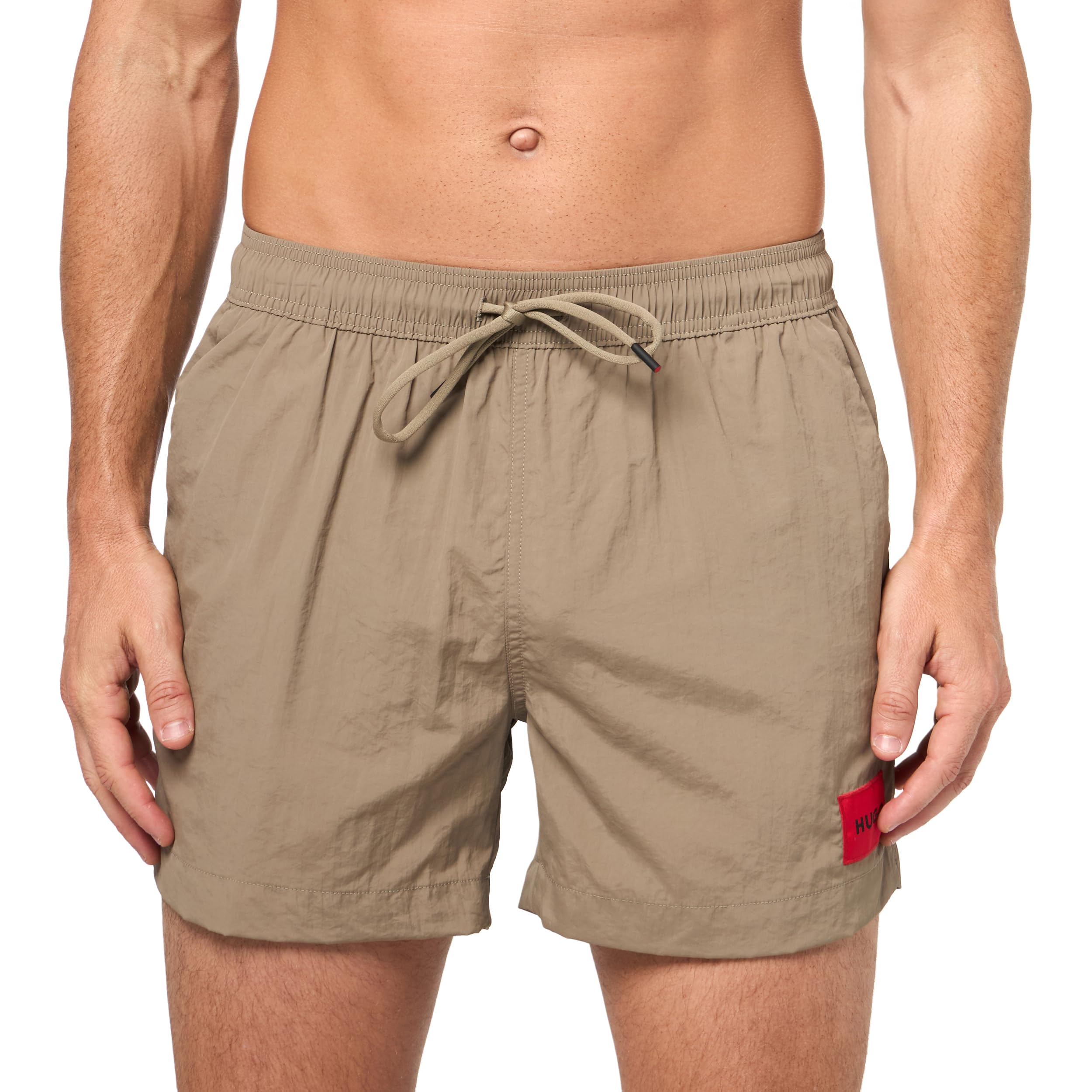 HUGO Men's Dominica Patch Logo Quick Dry Swim Trunks, Fallen Rock Beige, Medium