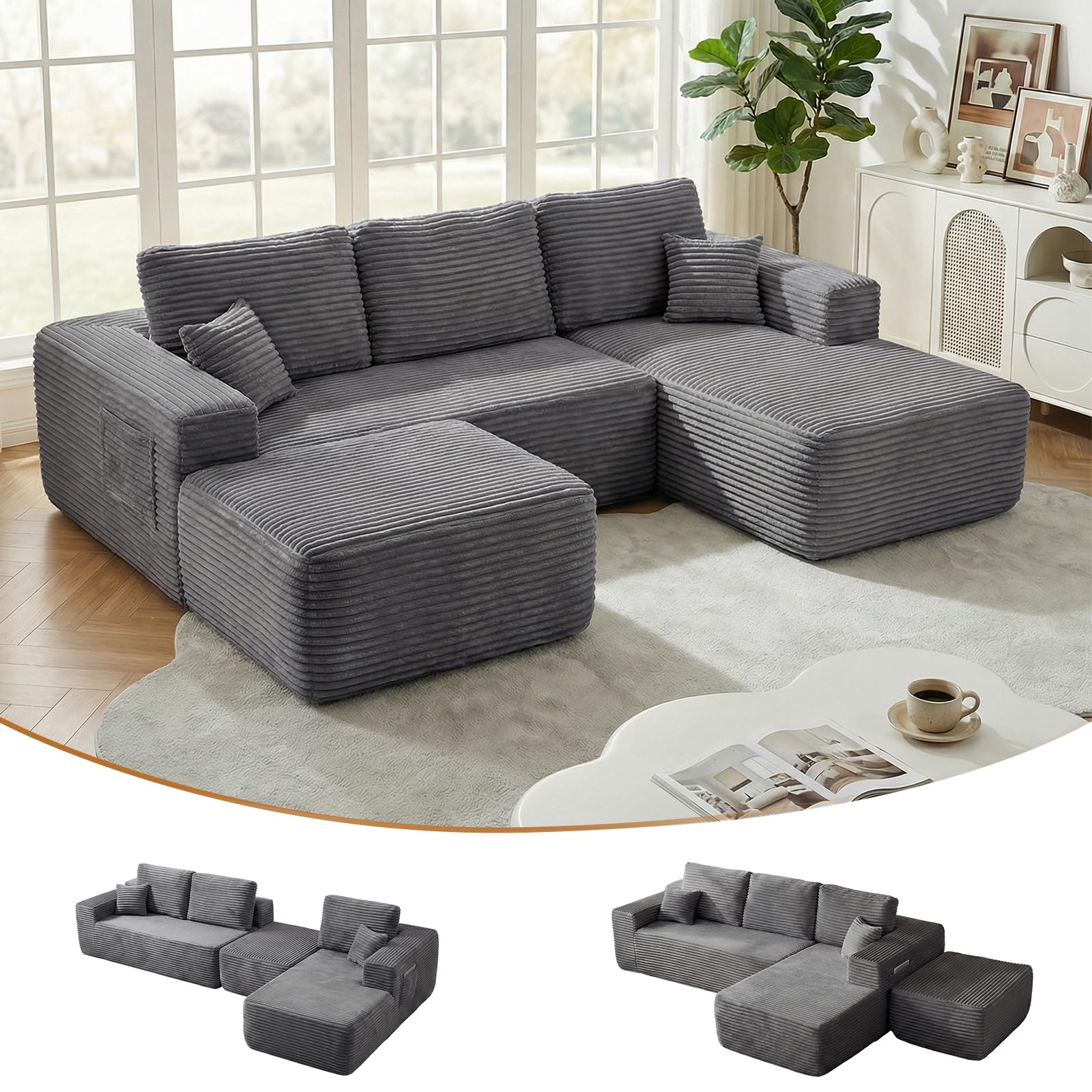 Yafylly 104" Boneless Modular Sectional Sofa with Reconfigurable U-Shaped Layout, No Assembly Required Compressed Sofa, Deep Seat Seating with Ottoman