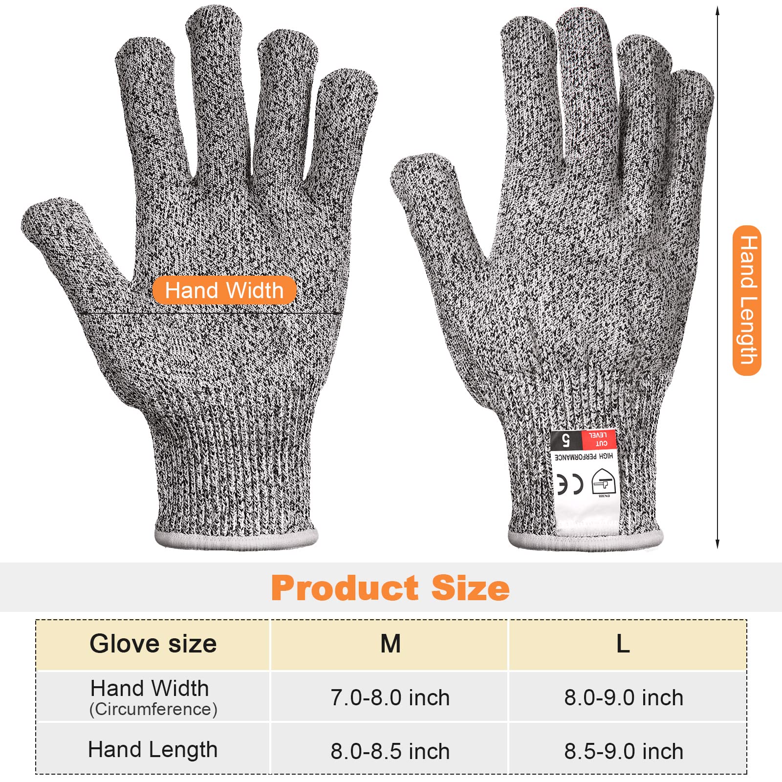 Potchen 15 pares de guantes resistentes a cortes de nivel 5, protección de corte, guantes anticortes para cortar pescado de cocina y más (XL)