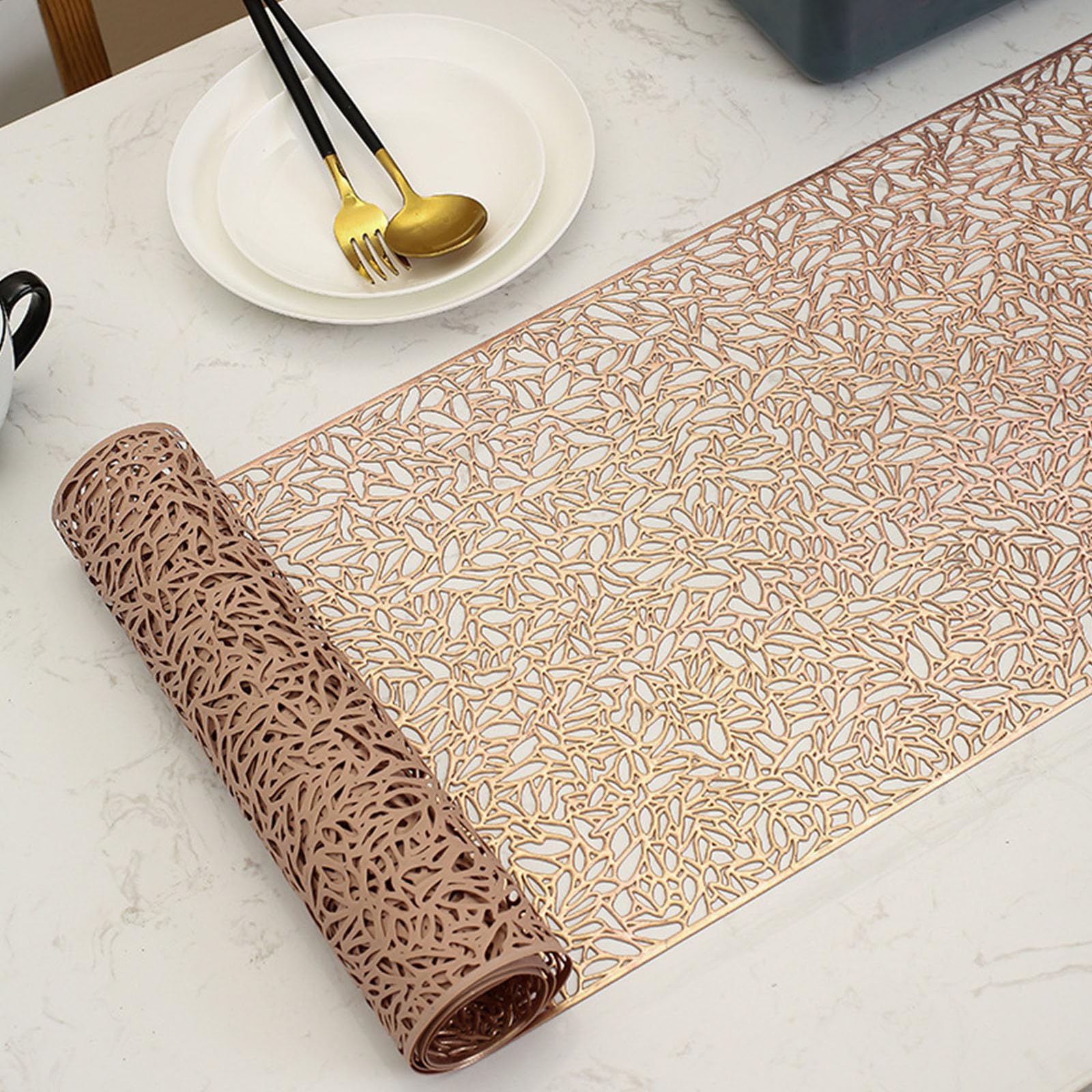 Hosoncovy Hollow Table Runner Non-slip Decorative PVC Table Mats Placemat Heat Resistant Mats for Home Party Kitchen Dining Wedding Decor (150CM X 30CM) (Rose Gold) - Image 4