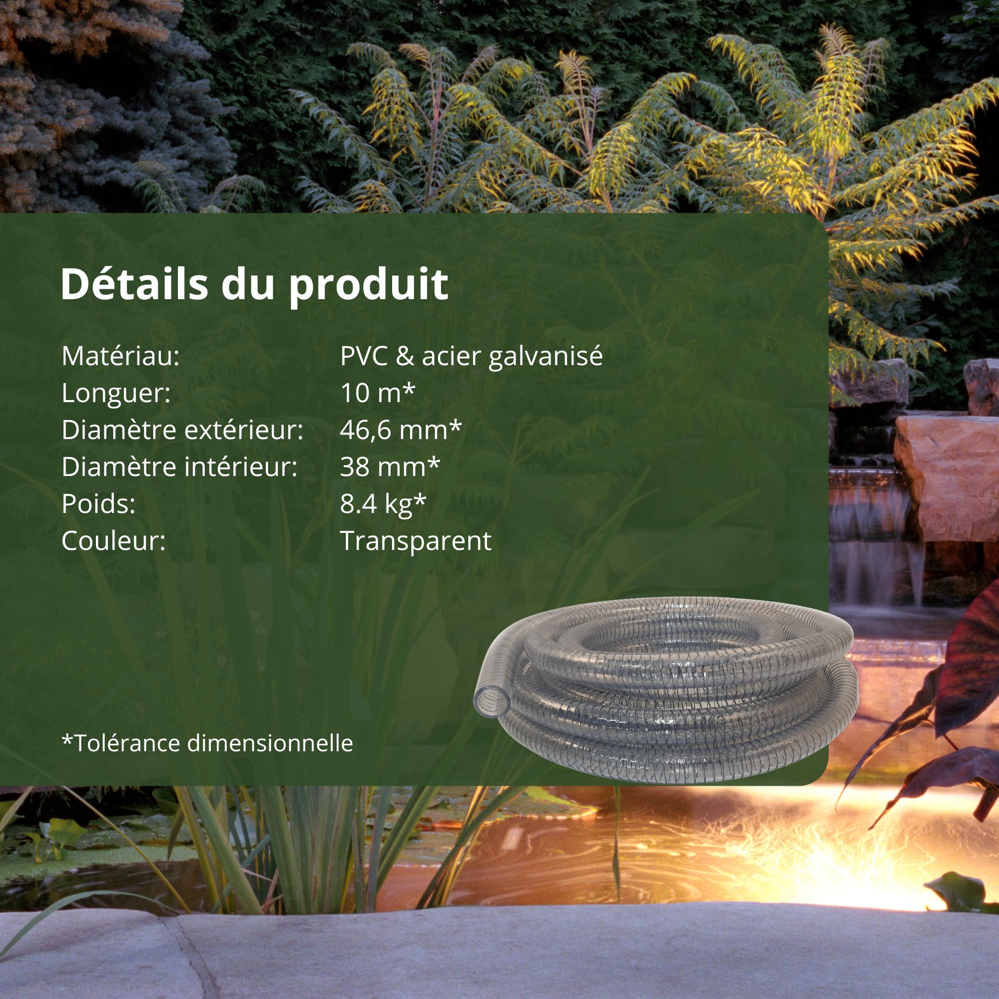 Tuyau spiralé en PVC - Tuyau d'aspiration et de refoulement - 38 mm / 10 m - Transparent