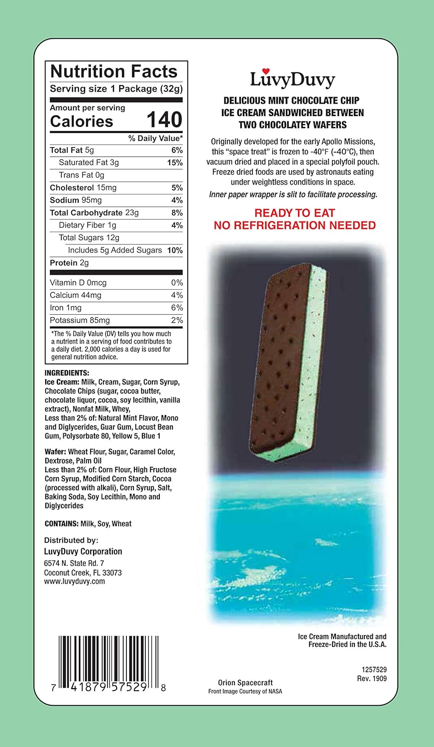 LuvyDuvy MINT CHOCOLATE CHIP Freeze Dried Space Ice Cream Sandwich - 6 Pack