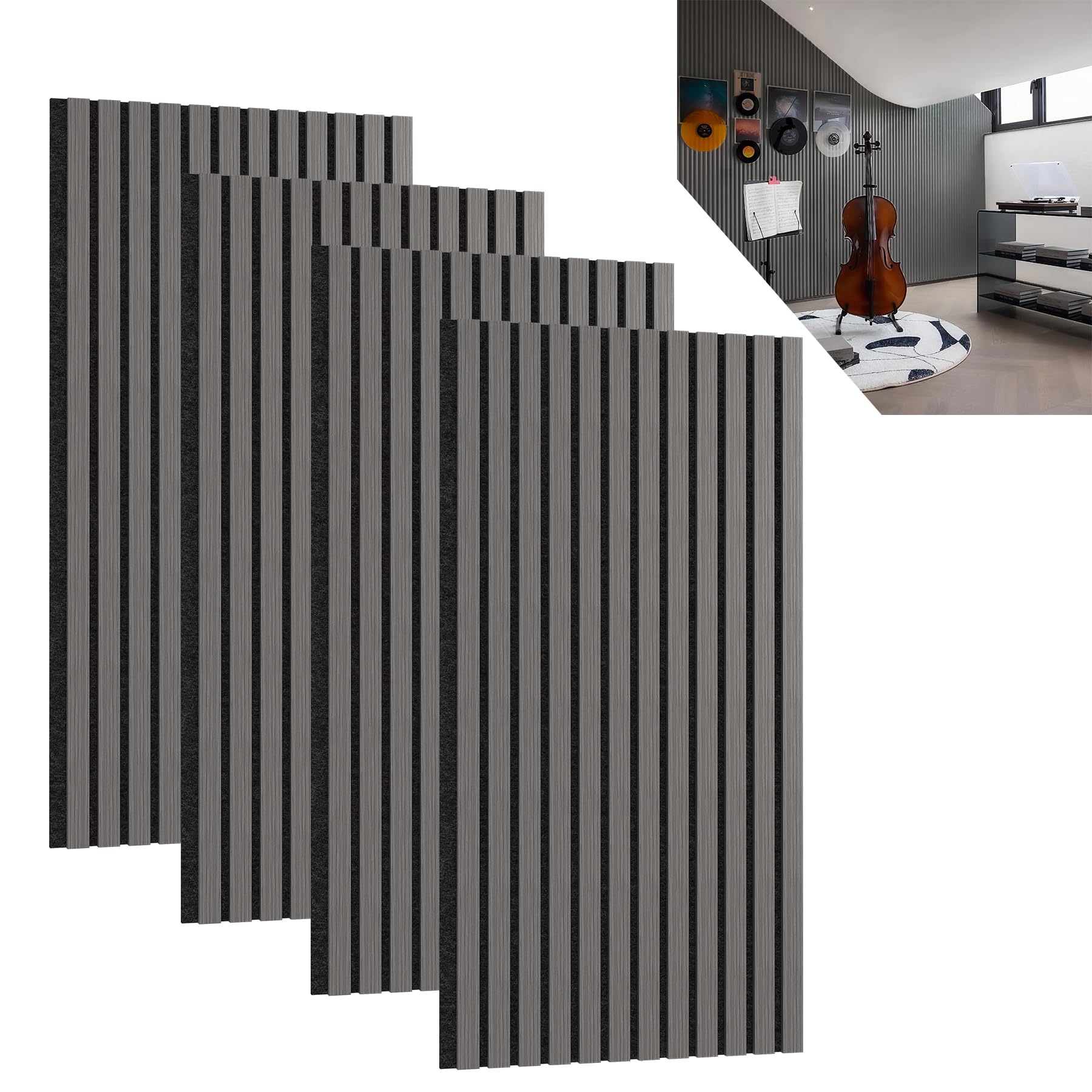 ACXIN Set di 4 pannelli acustici in legno 3D, da parete, in vero legno di quercia, in feltro acustico, 120 x 60 cm, pannelli acustici, per corridoio, soggiorno, ufficio, antracite