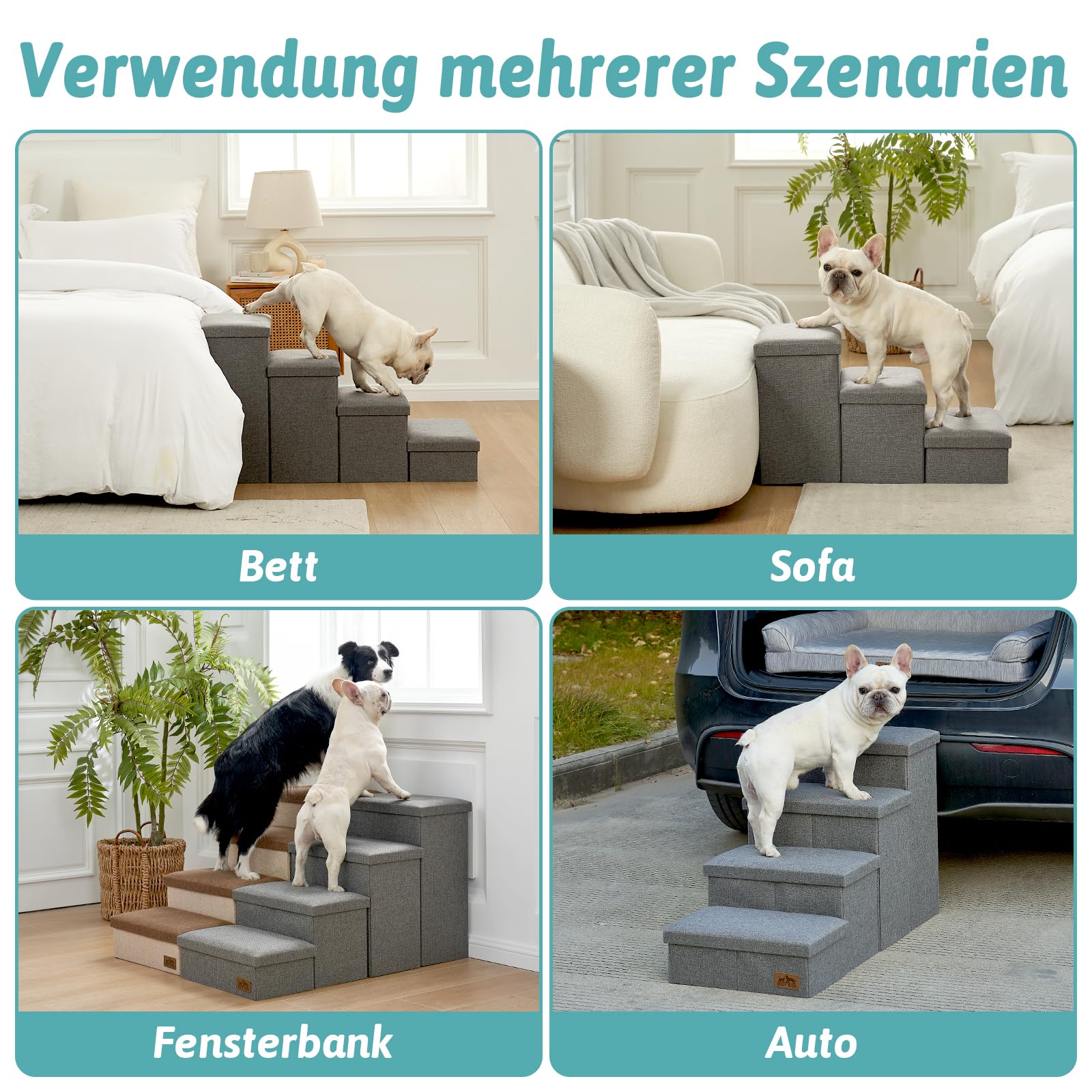 COZY KISS Hundetreppe für Kleine Hunde mit Stauraum, Breite Haustiertreppe Faltbare für Bett und Couch, Hunderampe mit Rutschfestem Boden, Lecksichere (Grau, 43x72x42.5cm, 3)