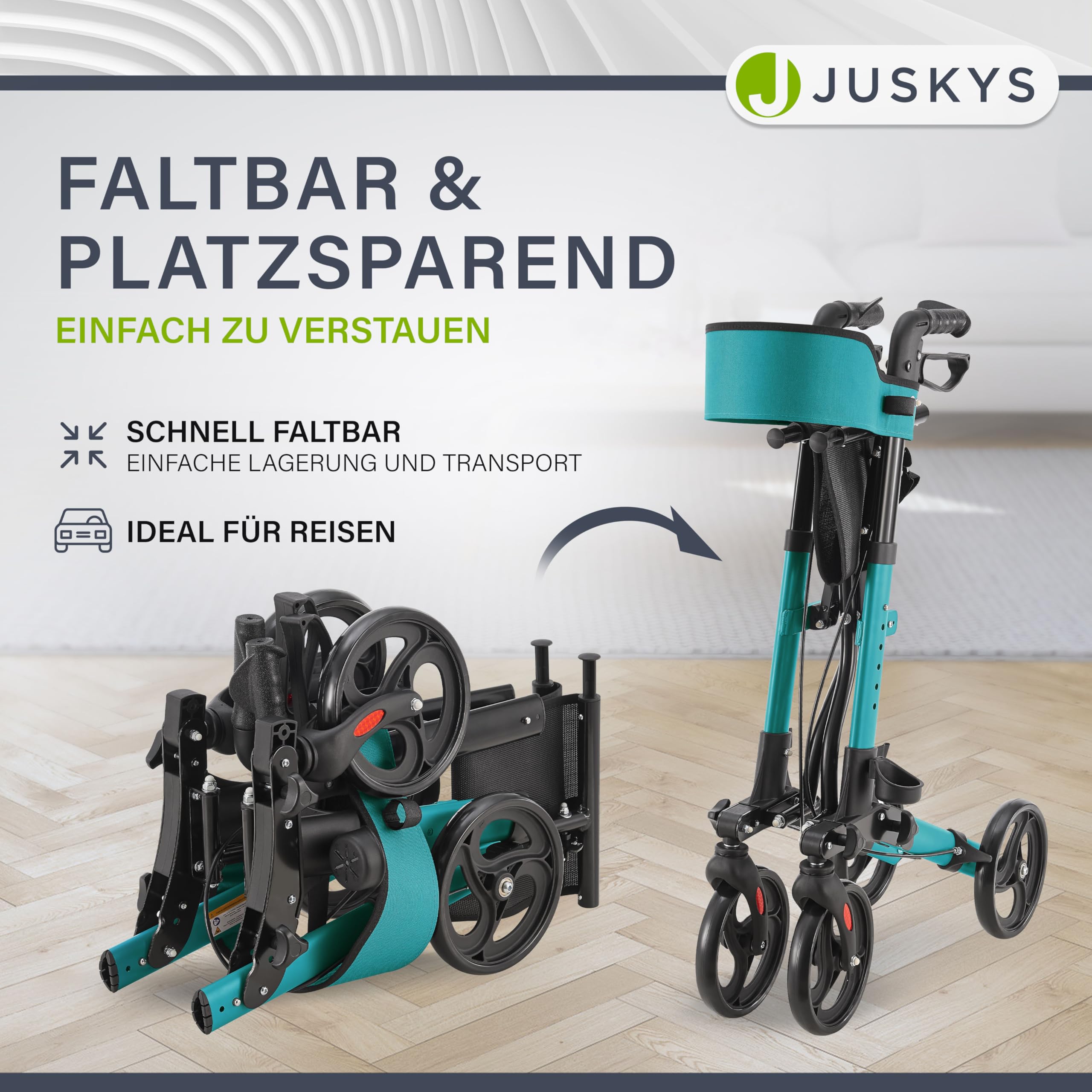 Juskys Rollator Vital petrol - Gehhilfe faltbar & leicht aus Aluminium bis 130 kg - Laufhilfe höhenverstellbar mit Sitz, Tasche & Regenschirmhalterung