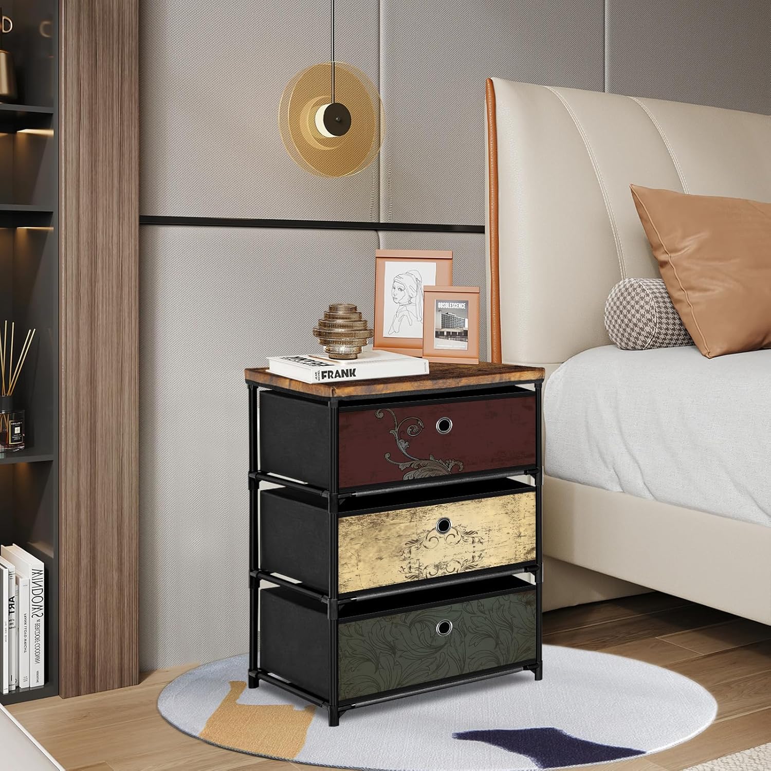 VASICAR Nightstand with 3 Drawers, Clothes Storage Organizer, Small Fabric Dresser for Bedroom, Closet, Entryway, Hallway, Nursery, Dorm