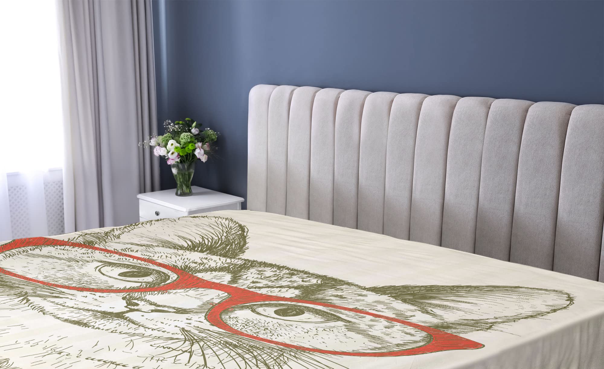 Lunarable Cat Fitted Sheet, Vintage Style Domestic Feral with Hipster Glasses Be Clever Boy Illustration Art, Bed Cover with All-Round Elastic Deep Pocket for Comfort, Full Size, Cream Red Black