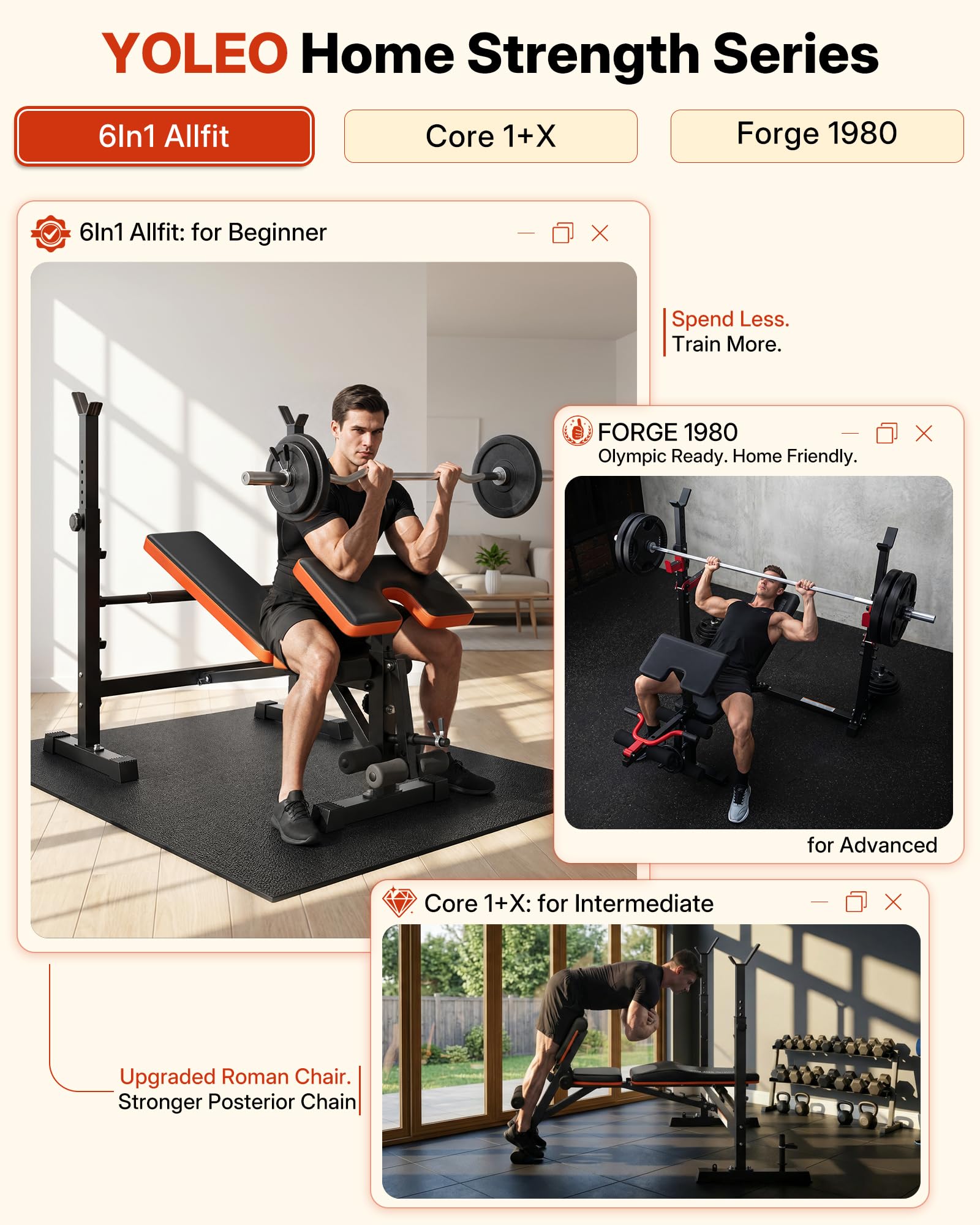 YOLEO Beginner Weight Bench Set, Adjustable Foldable Bench Press with Rack | 6 In 1 Beginner-friendly Setup, FID Adjust, Fits 5-6 ft Olympic Bars
