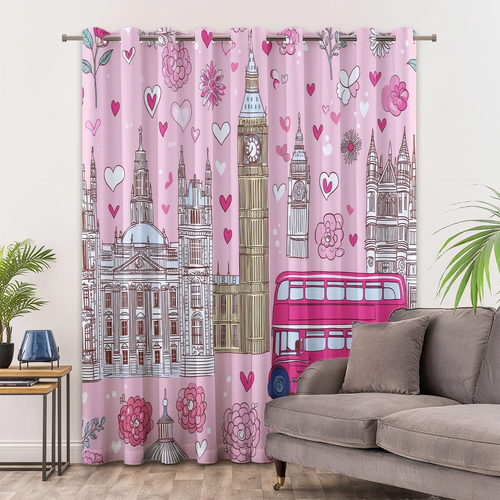 Caricatura Cortinas de Ventana 140 x 260 cm (2 Paneles), Opacas Térmicas Aislantes del Frío y del Calor Edificios Urbanos Rosas Autobús Flores para Dormitorio o Sala de Estar Decoración de Habitación