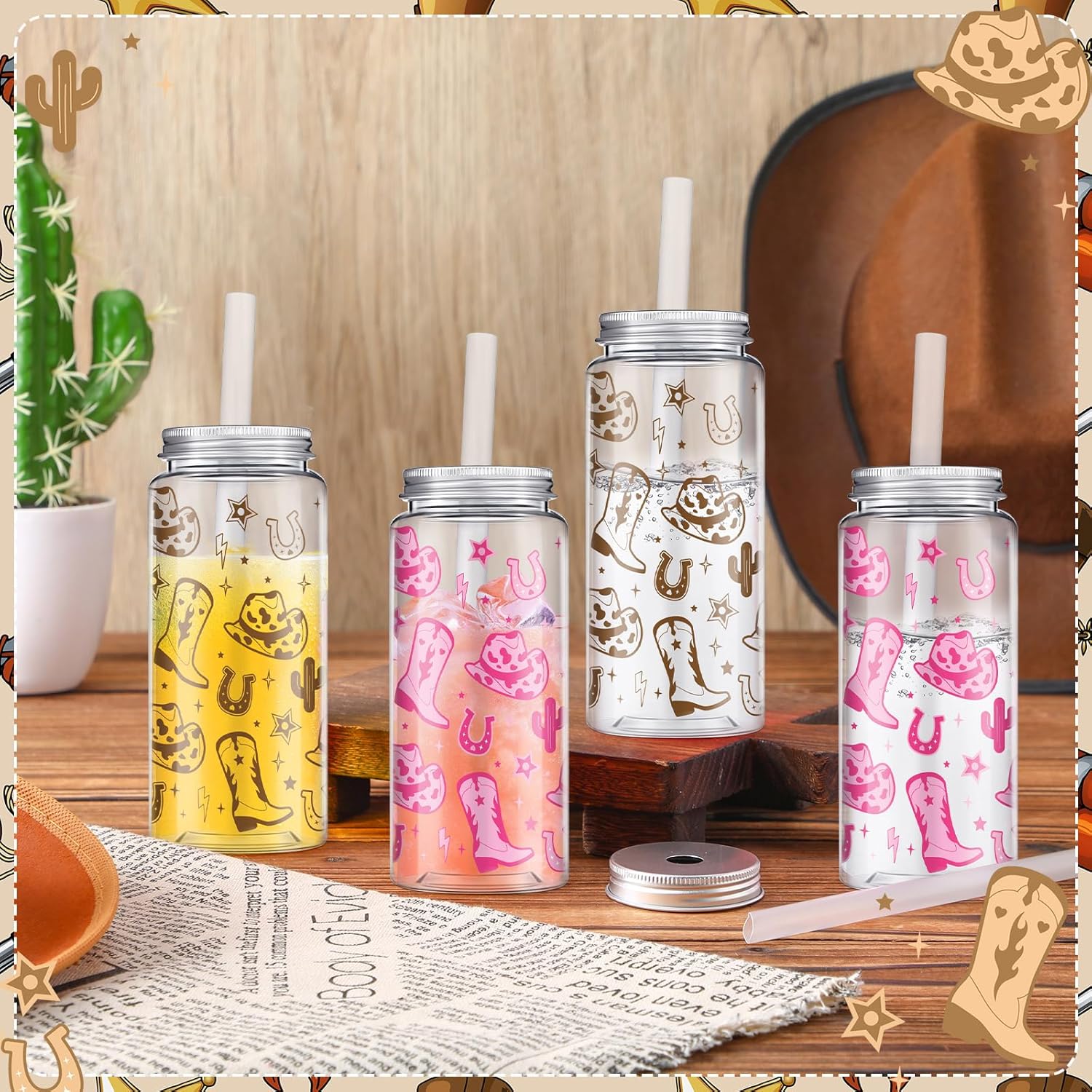 Qinyoung 24 Pcs Western Cowgirl Cowboy Plastic Tumbler 14.2 oz Cowgirl Party Favors Reusable Cups with Lids and Straws Decoration Iced Coffee Cup My First Rodeo Decorations(Classic Style,Multicolor)