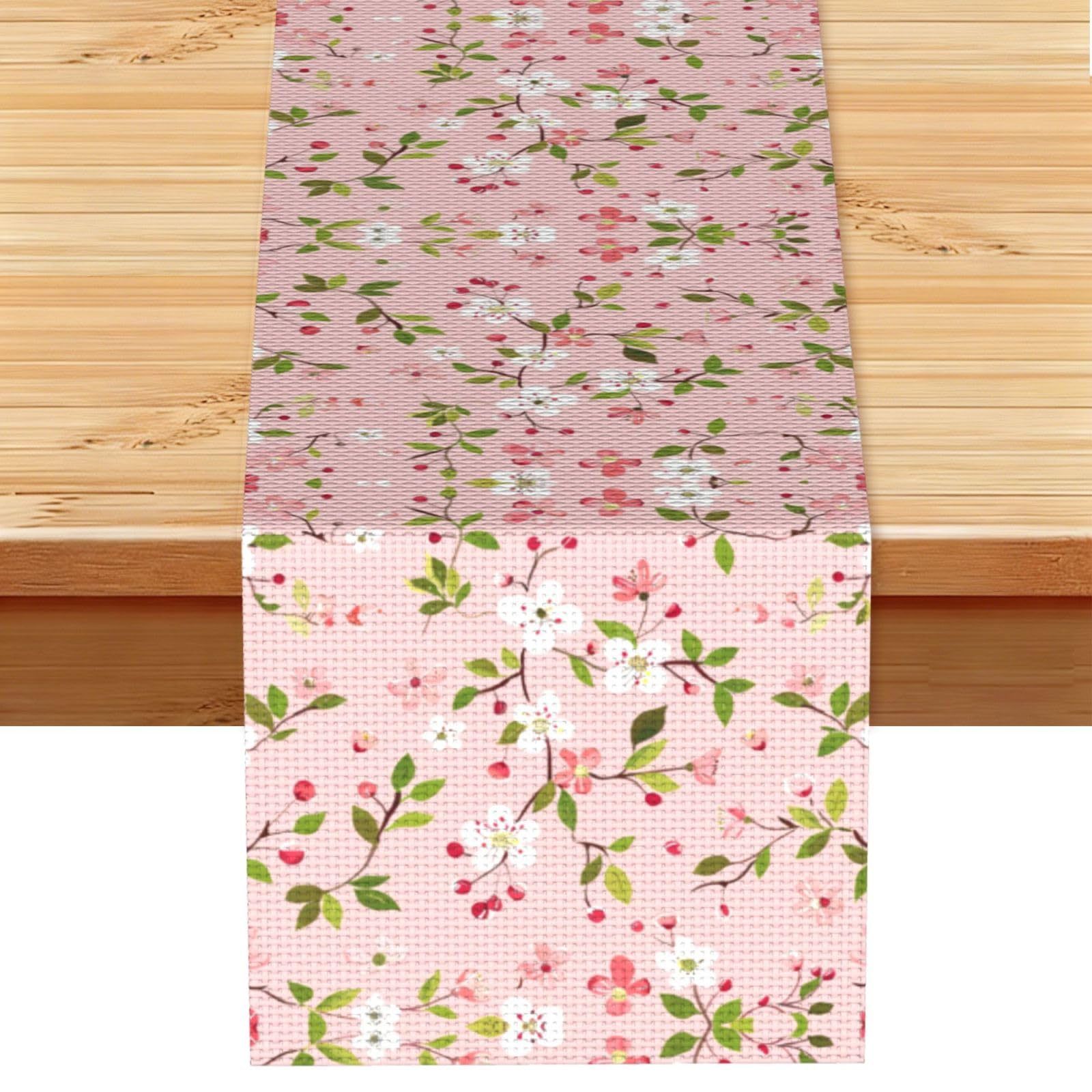 Cute Pink Cherry Blooms Printed Table Runner 13 x 72, Wrinkle Resistant Decor for Dining Table Coffee Table Fireplace