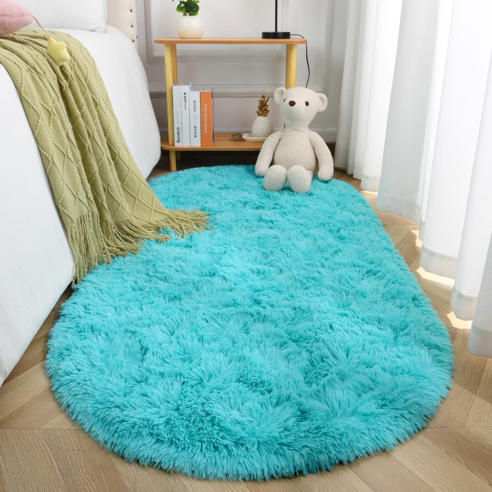 Terrug Blue Fluffy Area Rug for Bedroom, Oval 2.6 x 5.3 Ft Shag Throw Rugs, Soft Machine Washable Plush Carpet with Non Slip Backing for Girls Kids